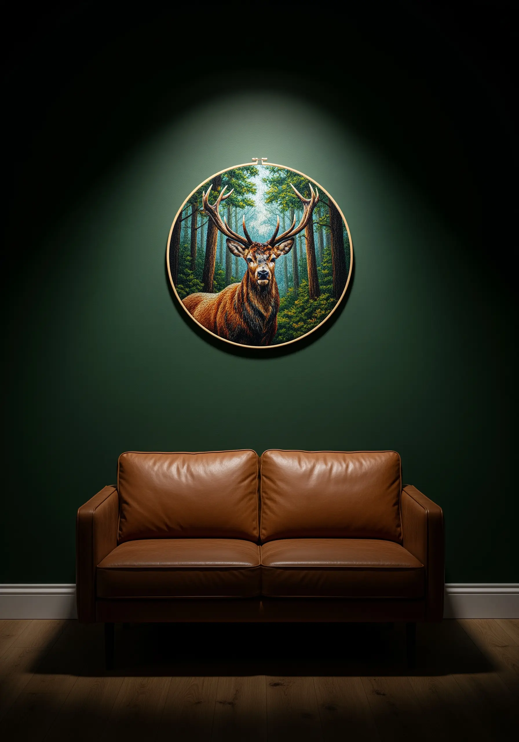 A large, highly detailed, photorealistic embroidery of a stag in a forest.