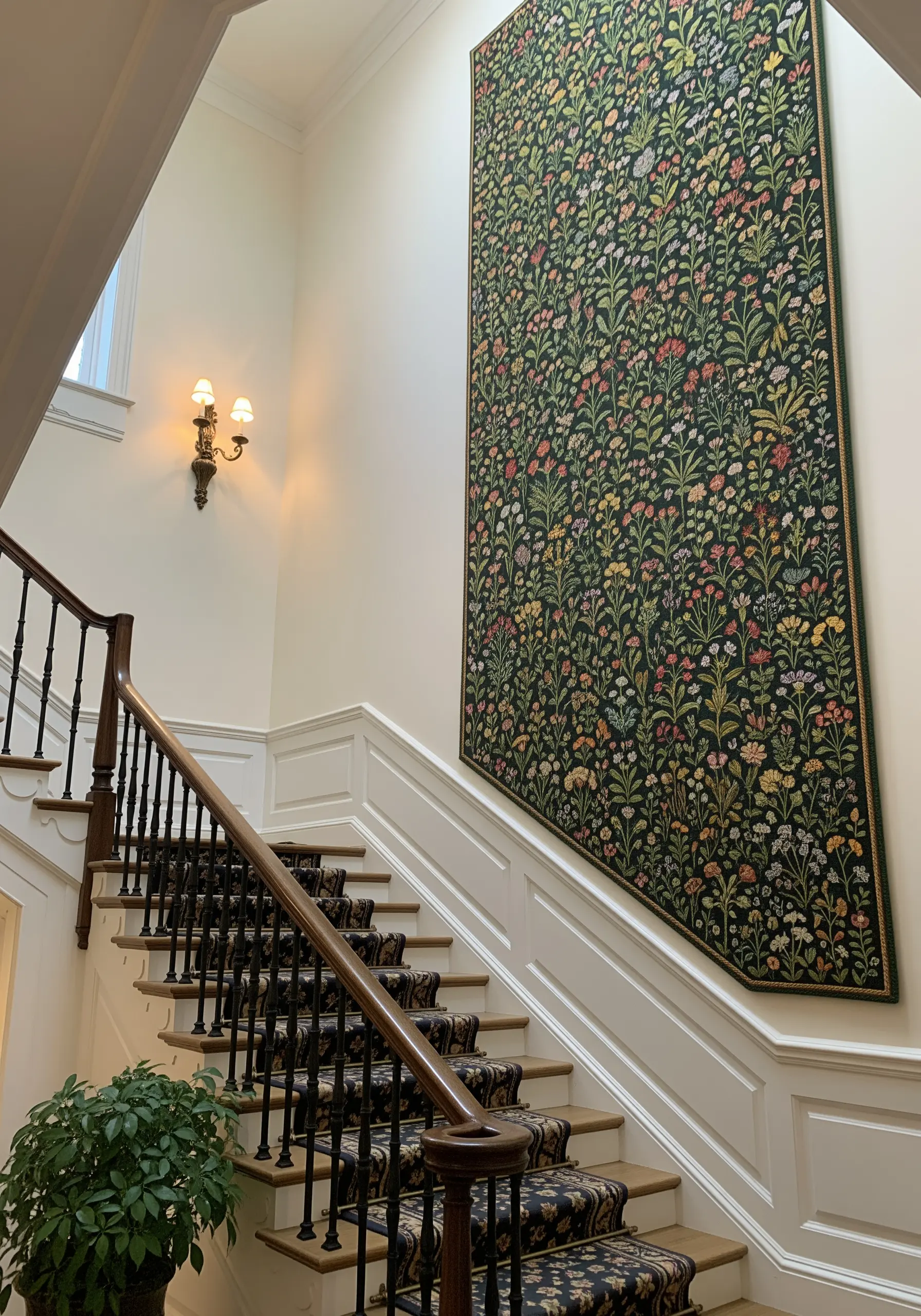A very large tapestry with a dense pattern of tiny, colorful flowers on a dark green background.