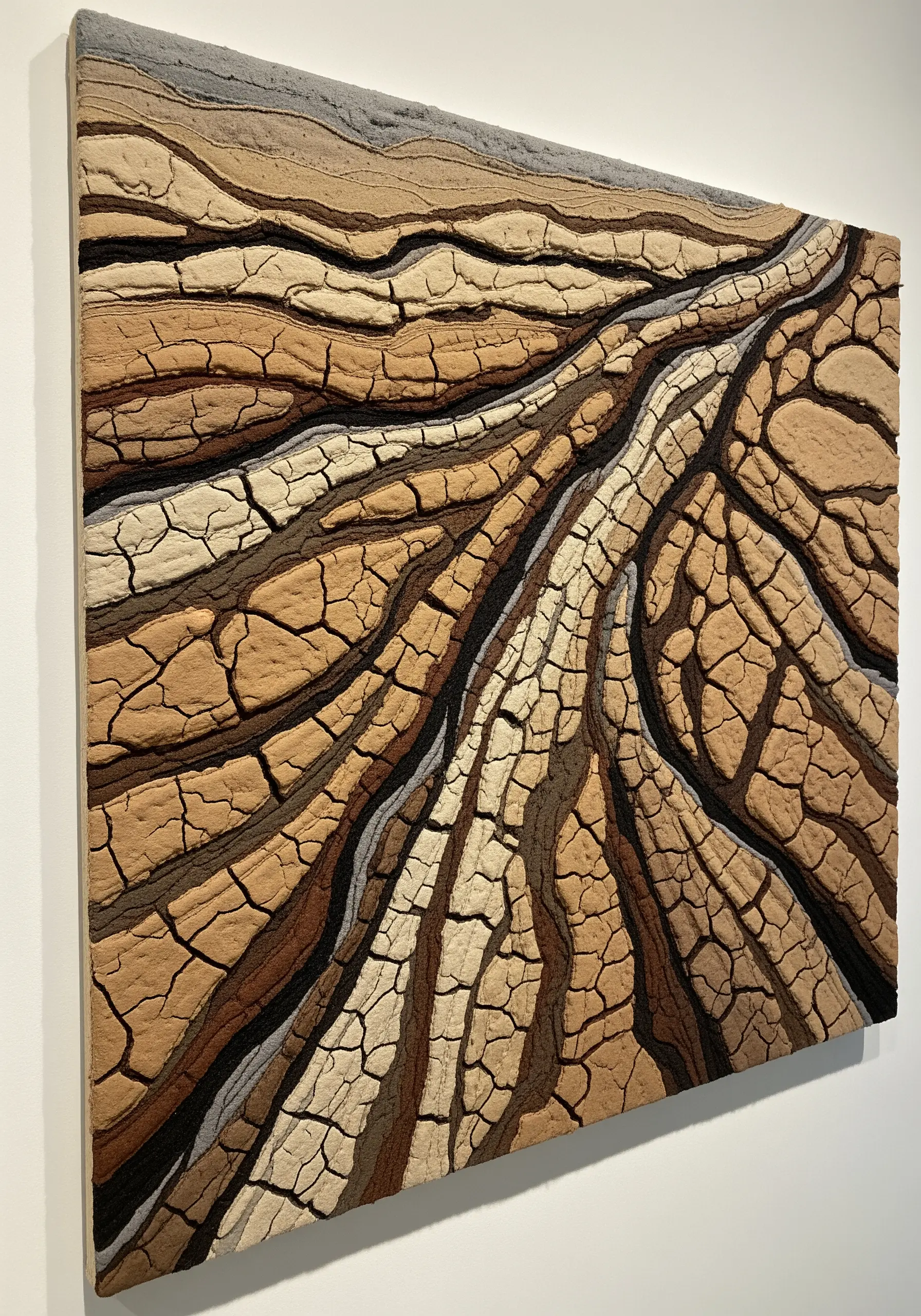 A highly textured embroidery artwork mimicking the appearance of cracked, dry earth.