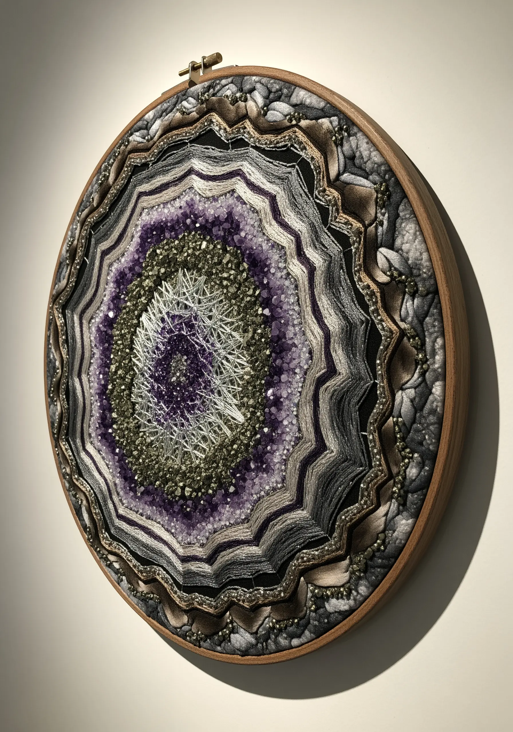 Highly detailed embroidery of an amethyst geode with beads, metallic threads, and padded stitches.
