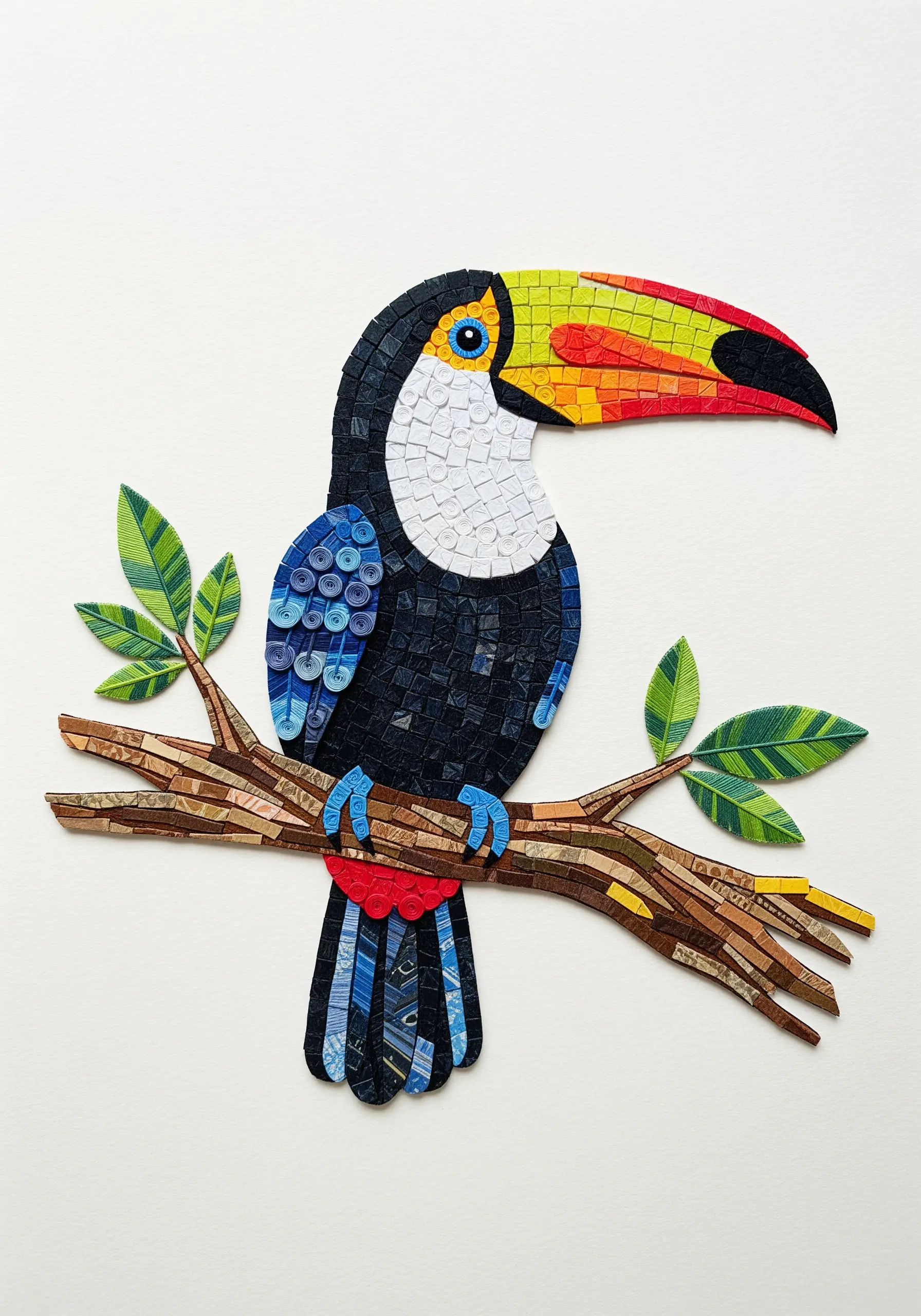 A toucan made in a mosaic style, with each color segment filled with textured, paper-like material.