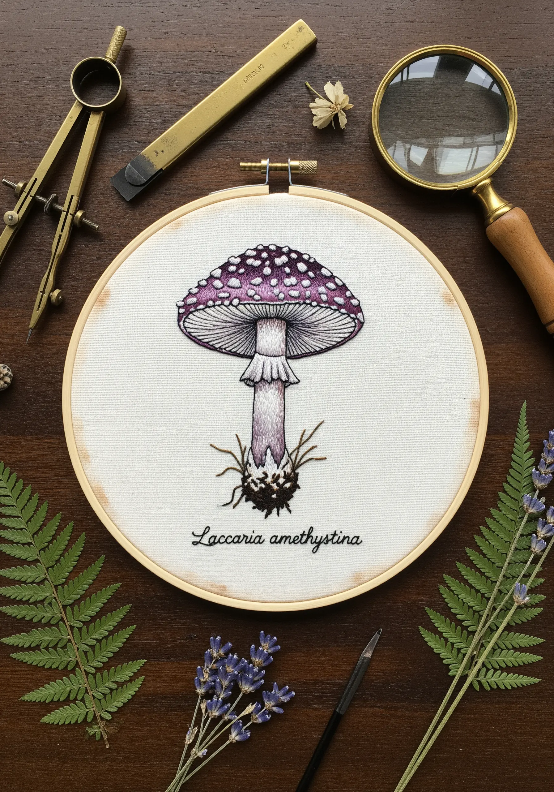 Botanical illustration style embroidery of a purple Laccaria amethystina mushroom.