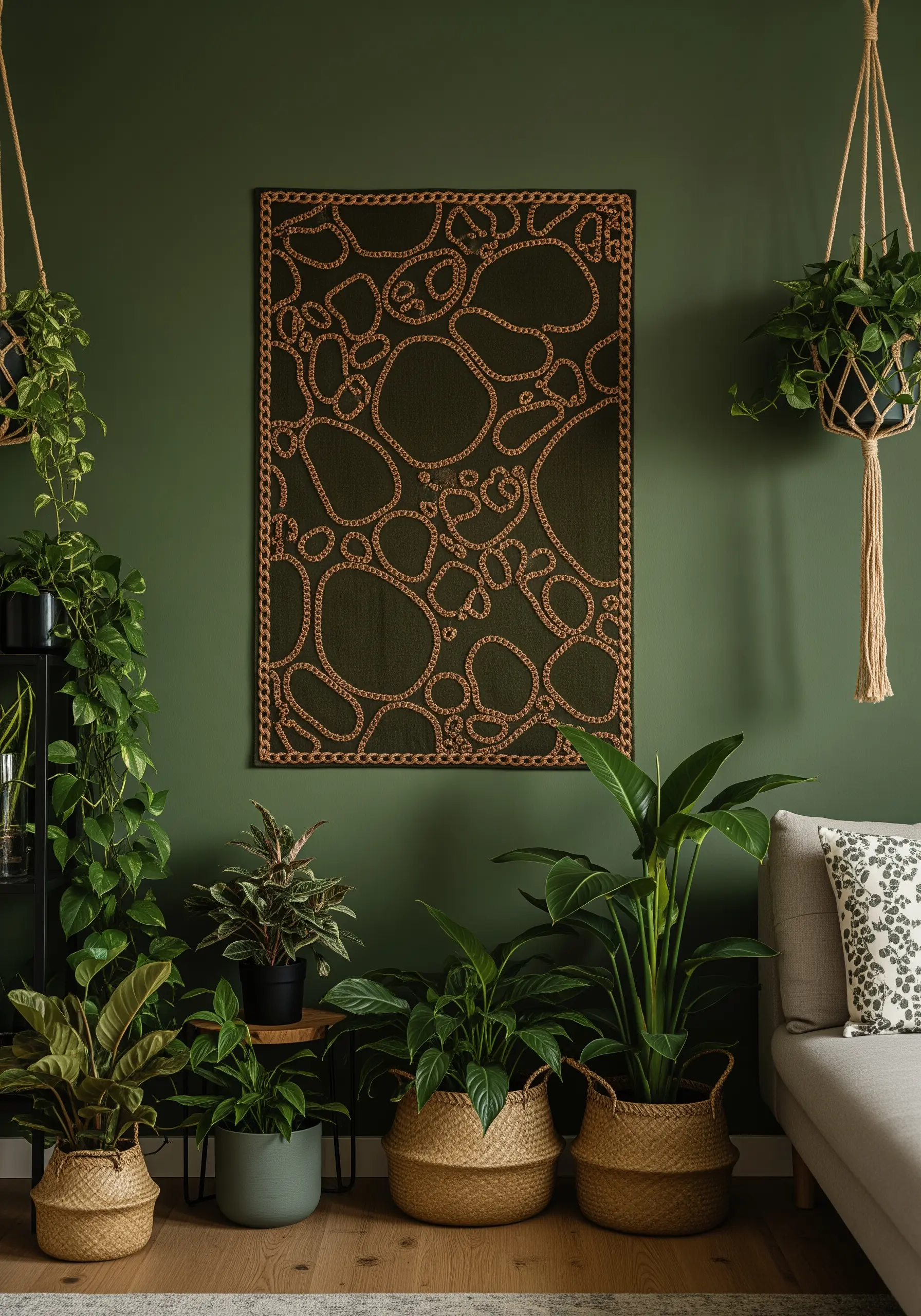 A pattern of interlocking gold chains embroidered on a dark green wall hanging.