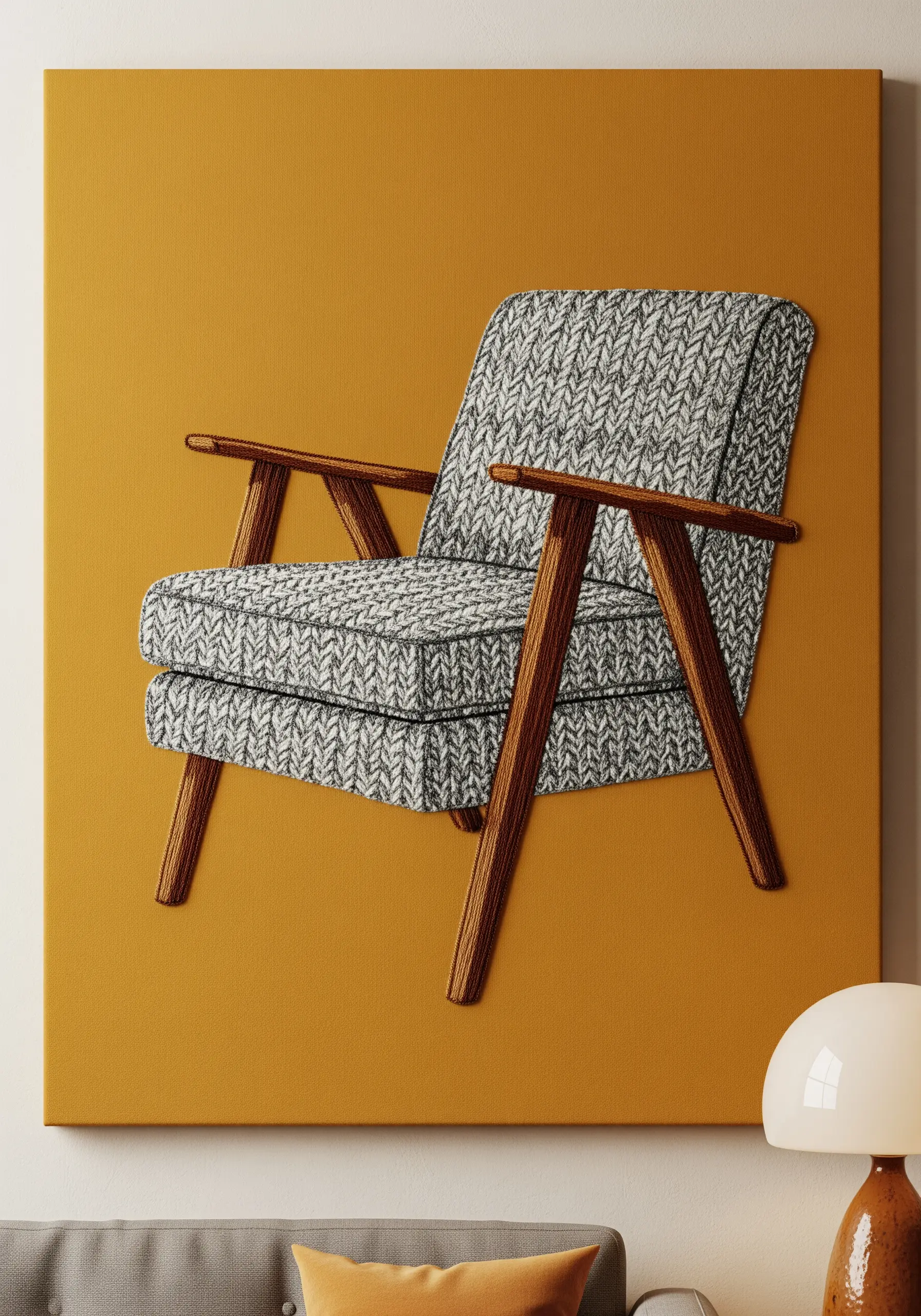 A mid-century modern armchair embroidered with a textured basketweave stitch.