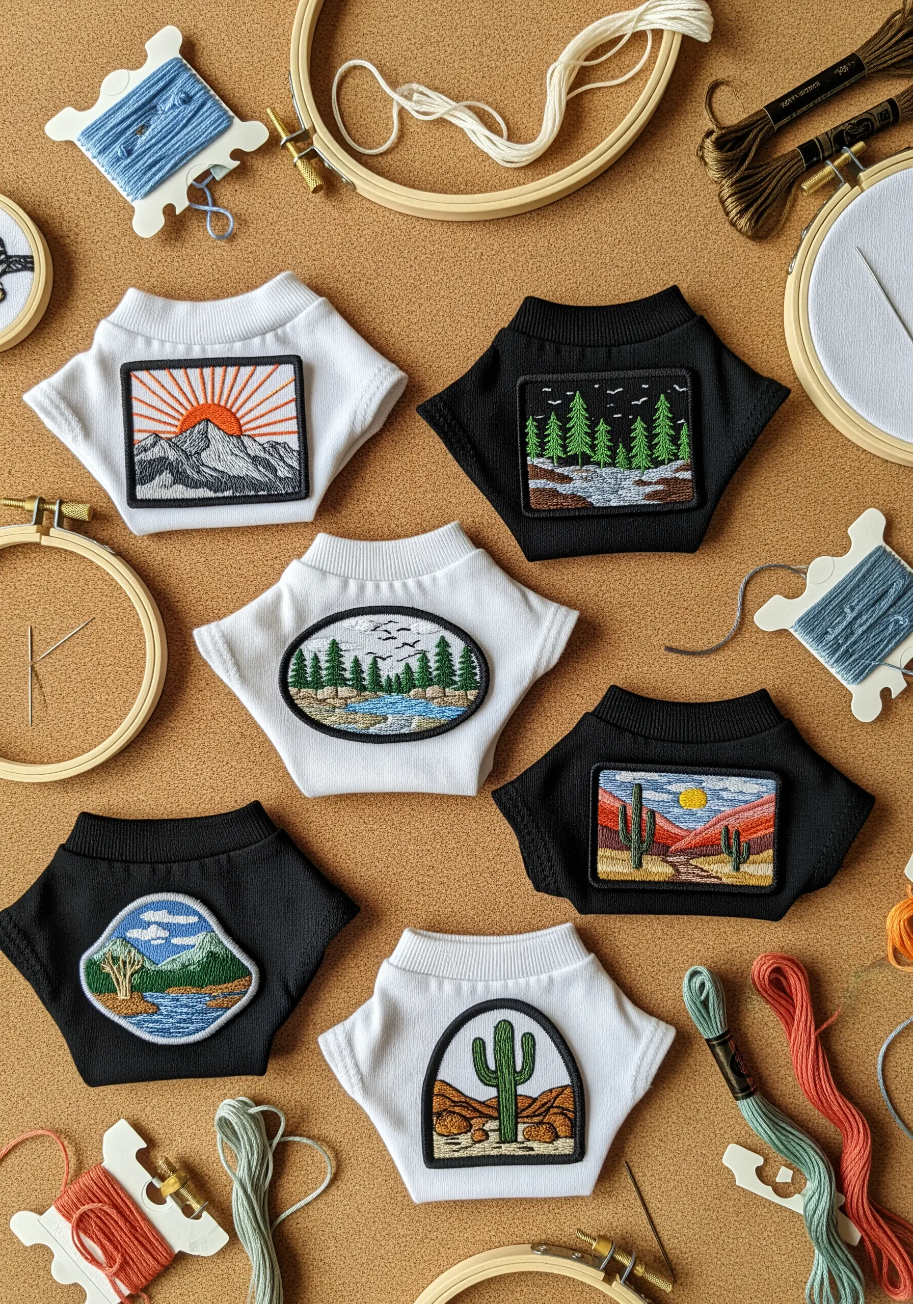 A collection of small, embroidered landscape patches featuring mountains, forests, and deserts.