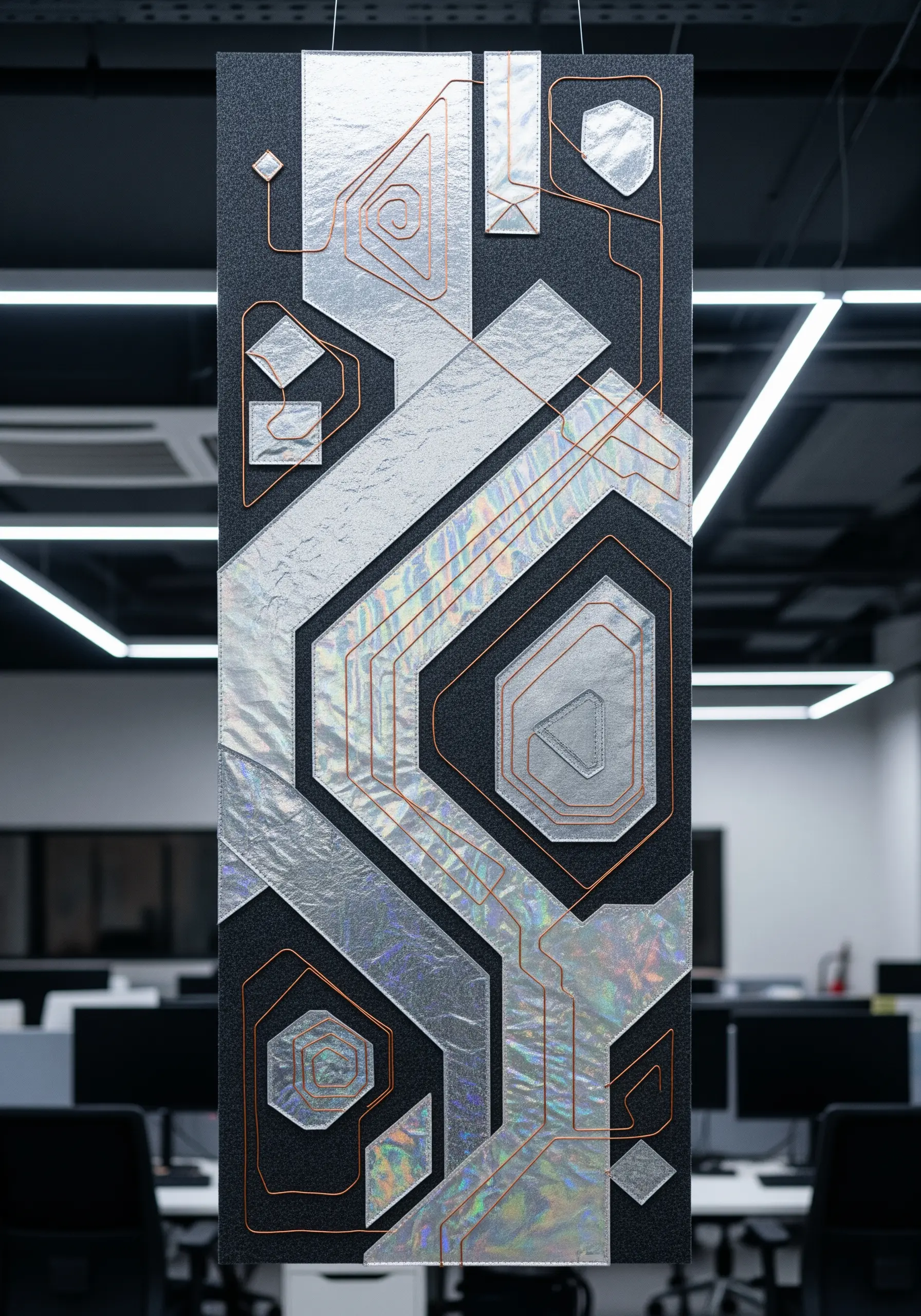 A futuristic textile panel with holographic and metallic fabrics and copper wire circuit-like lines.