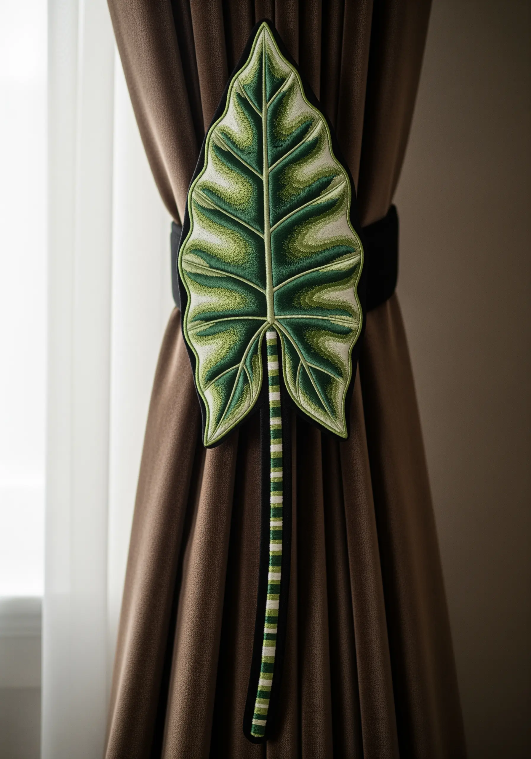 A dimensional, embroidered Alocasia leaf serving as an elegant curtain tie-back.