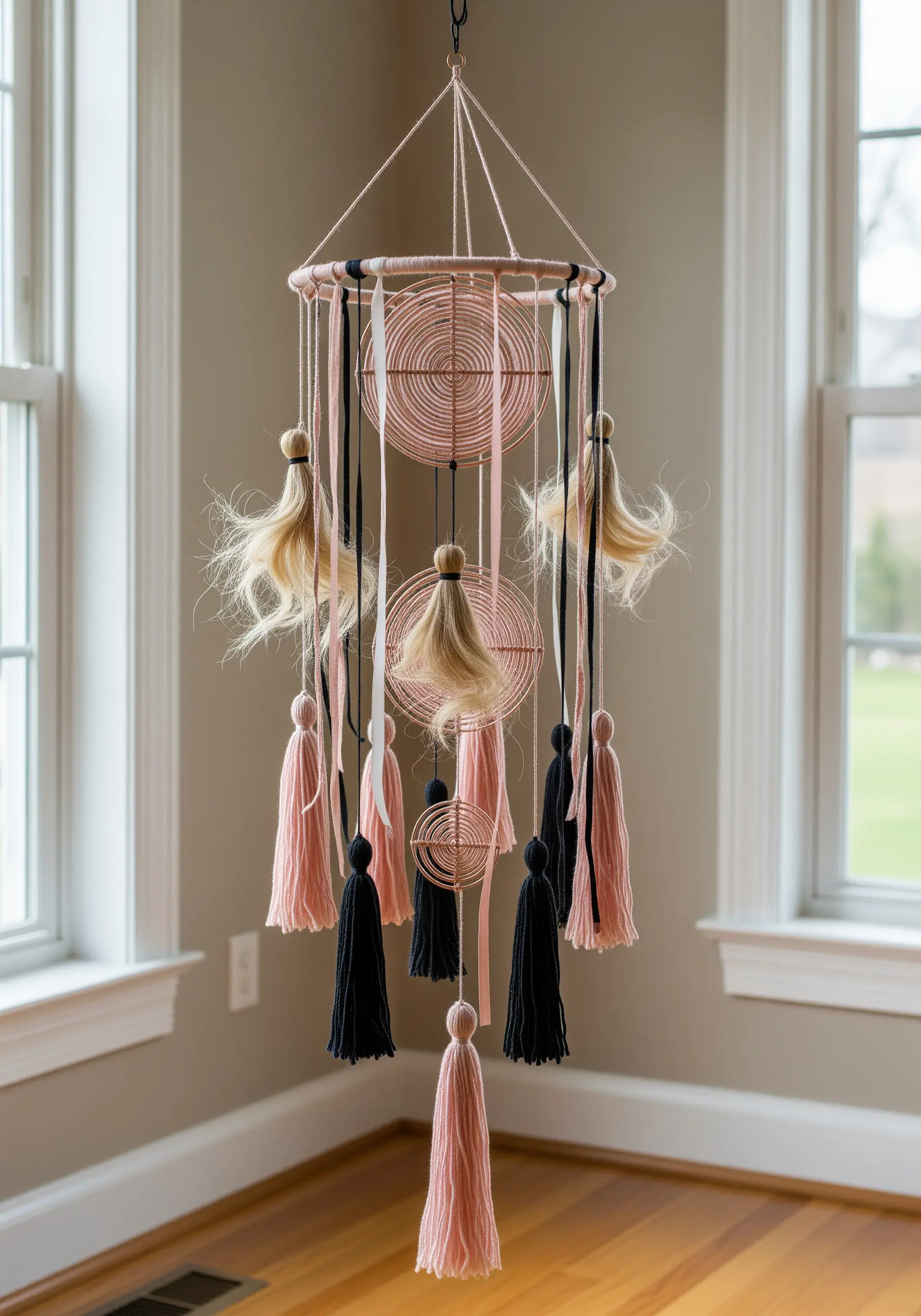 A hanging mobile made with pink and black tassels and wrapped wire circles.