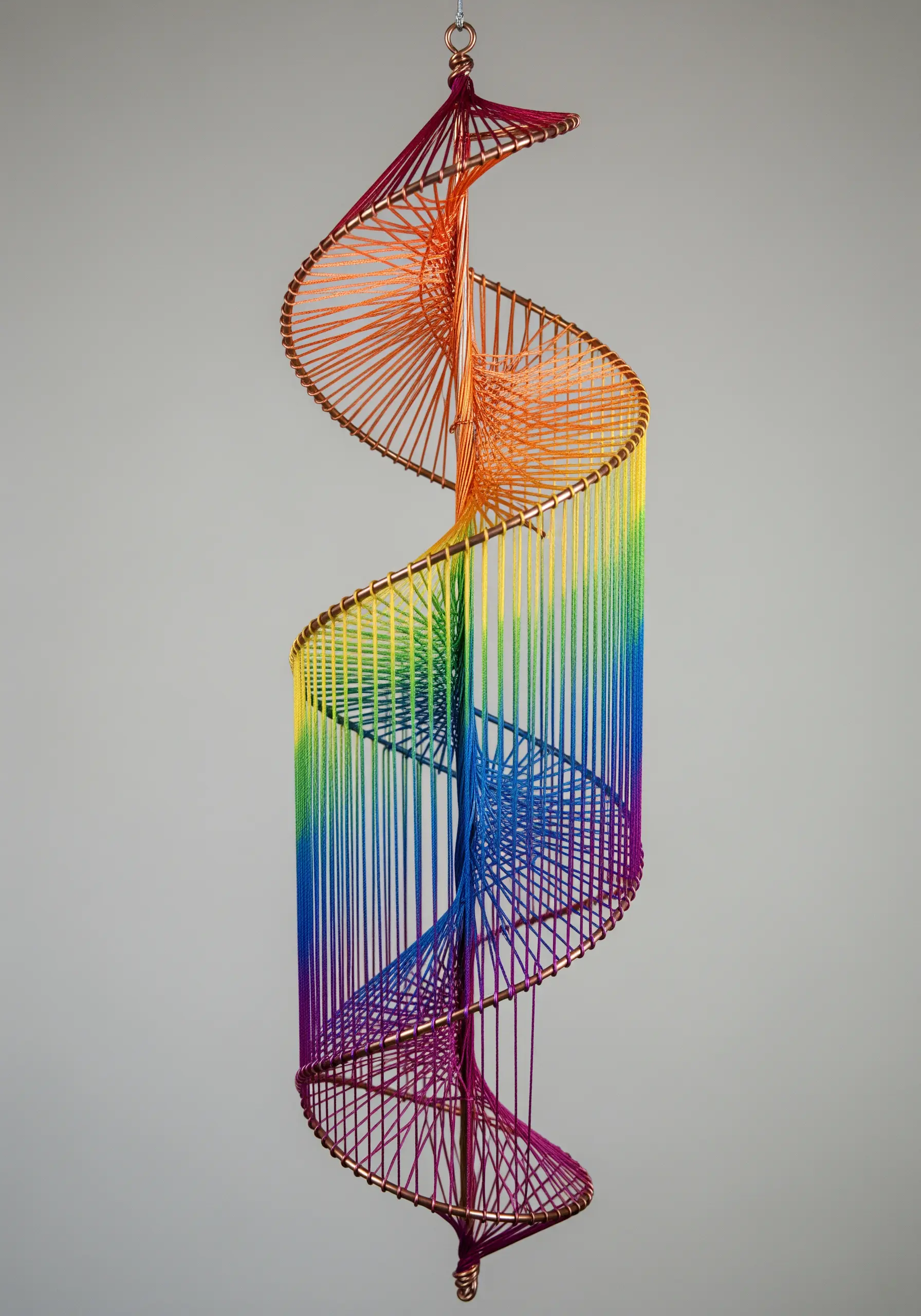A spiral wire sculpture wrapped in rainbow-colored thread, creating a vibrant gradient effect.