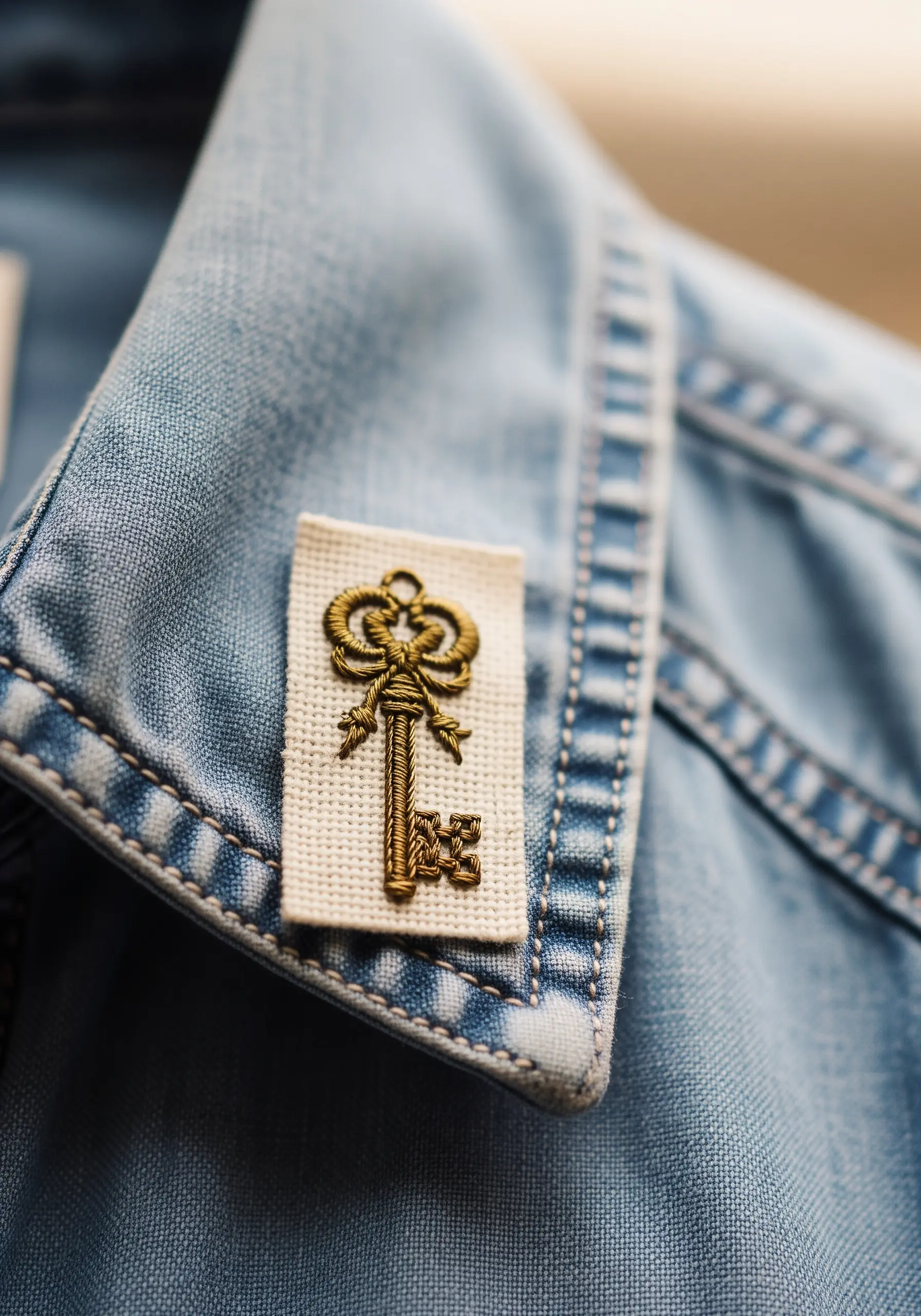 A dimensional key embroidered in gold thread on a fabric patch, attached to a denim collar.