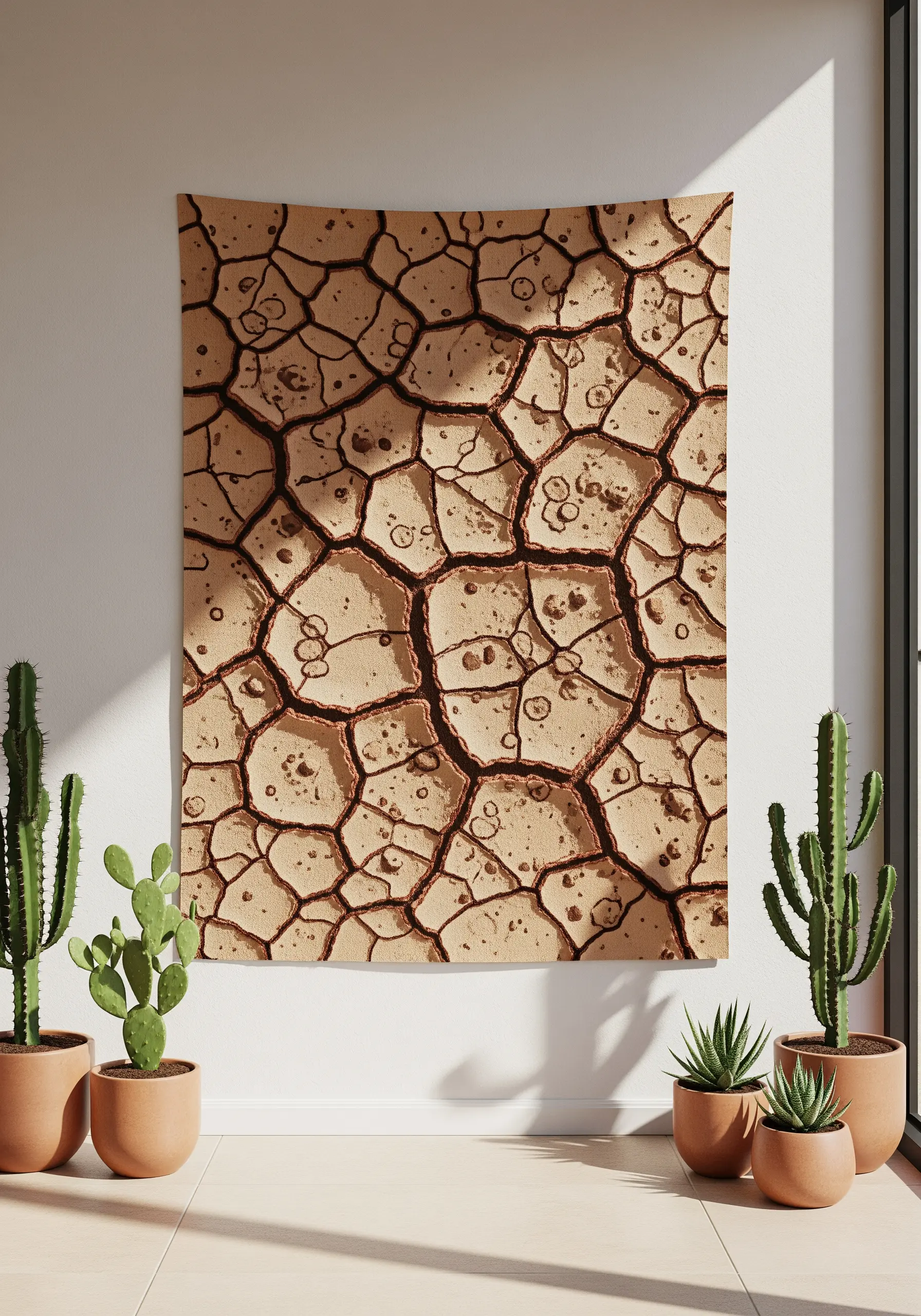 Large fabric wall hanging depicting cracked, dry earth using appliqué and dark embroidered lines.