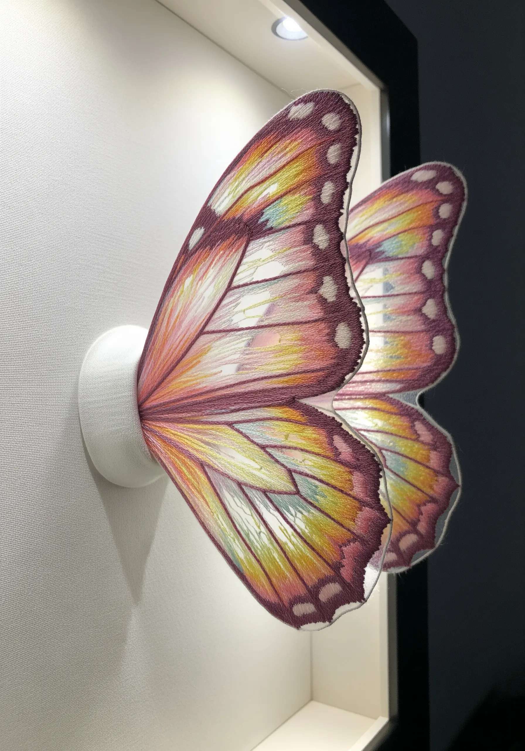 3D embroidered butterfly wings with delicate color gradients from variegated thread.
