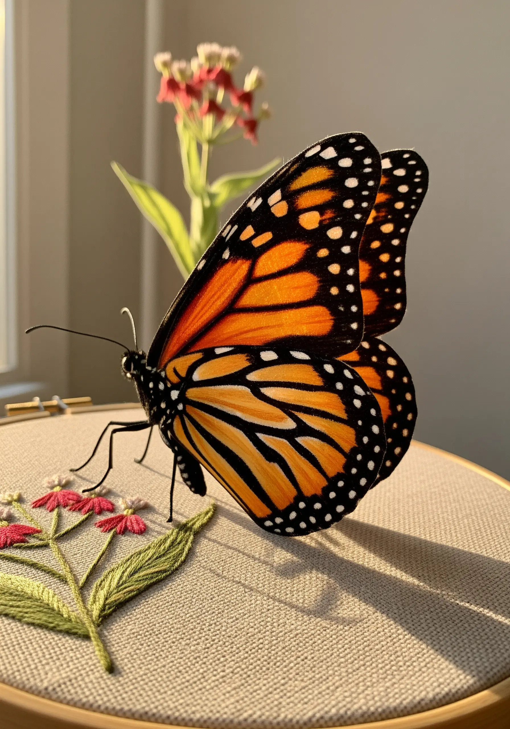 A 3D monarch butterfly with raised, wired wings stitched onto fabric in a hoop.