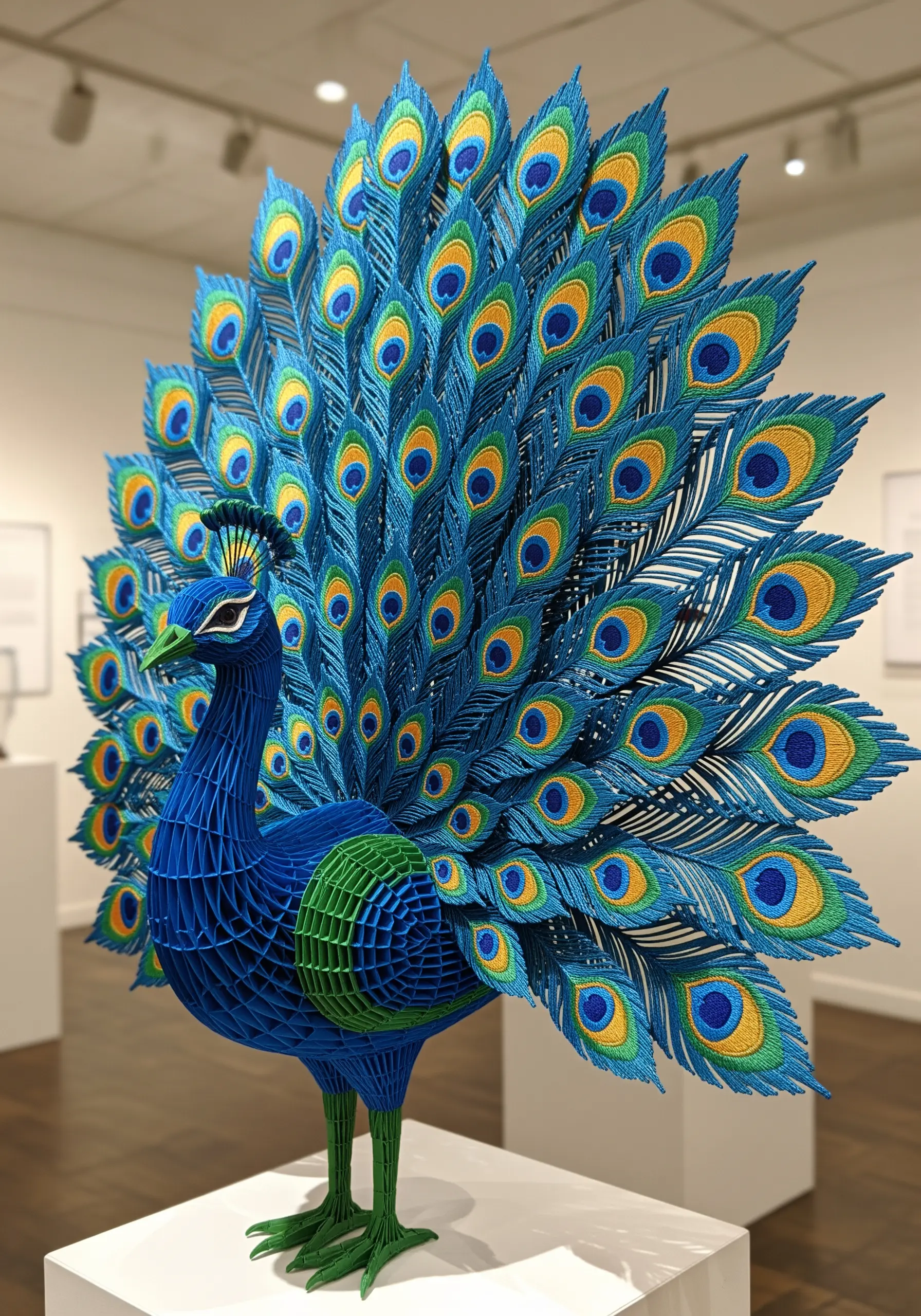 A large, three-dimensional peacock sculpture made entirely of intricately embroidered and assembled pieces.