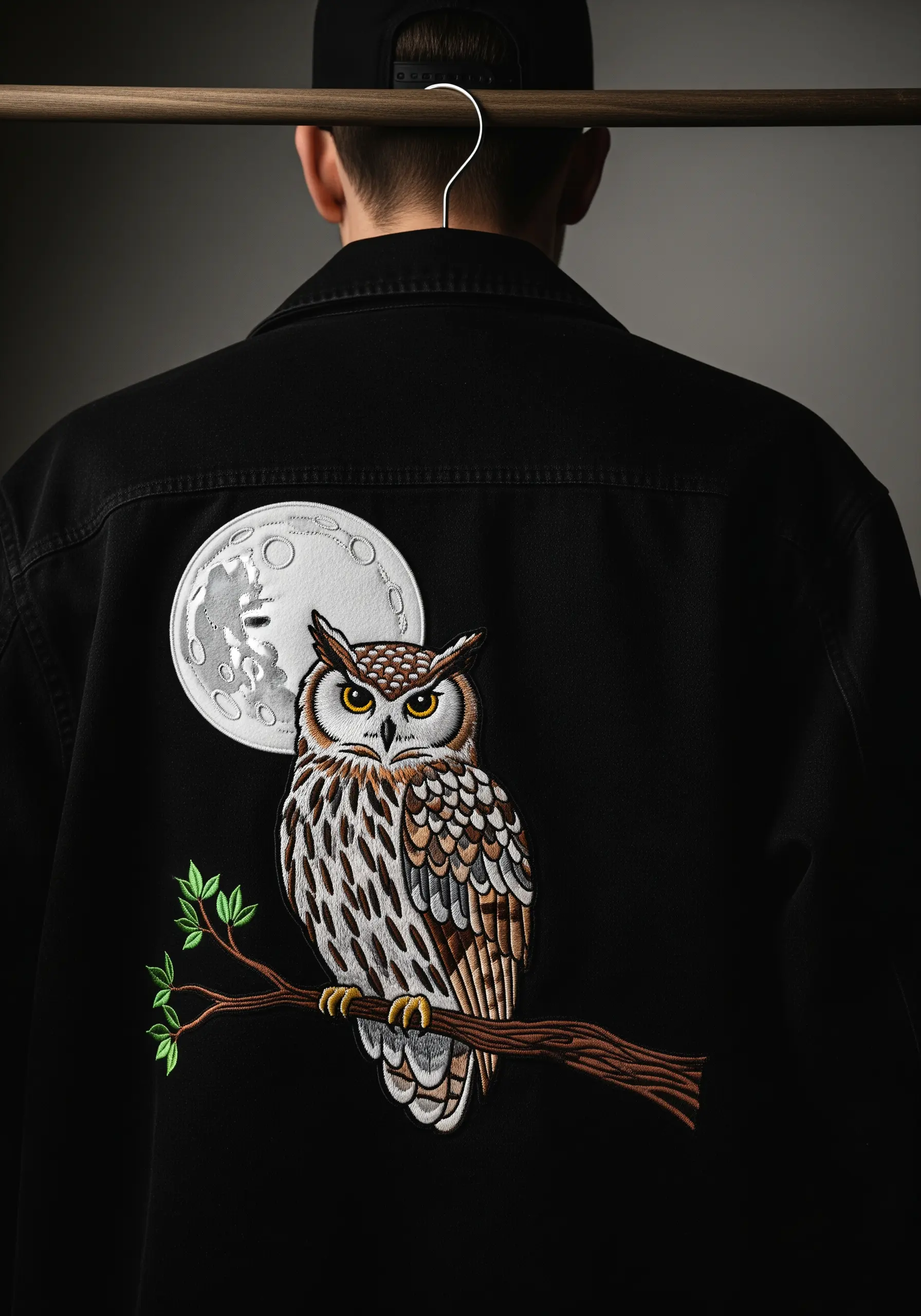 A detailed embroidered patch of an owl on the back of a black denim jacket.