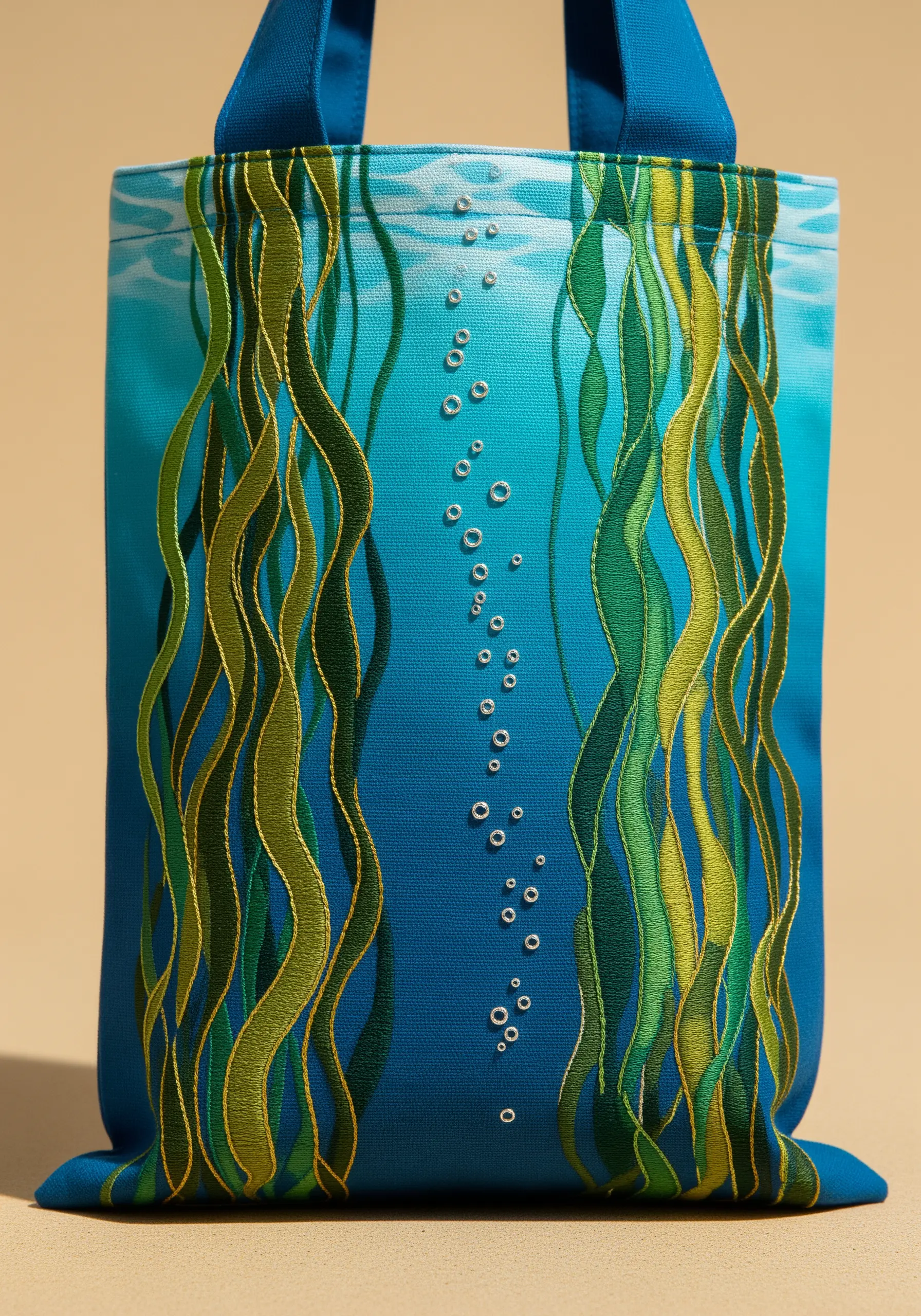Green and gold embroidered kelp flowing over a blue gradient fabric tote bag.
