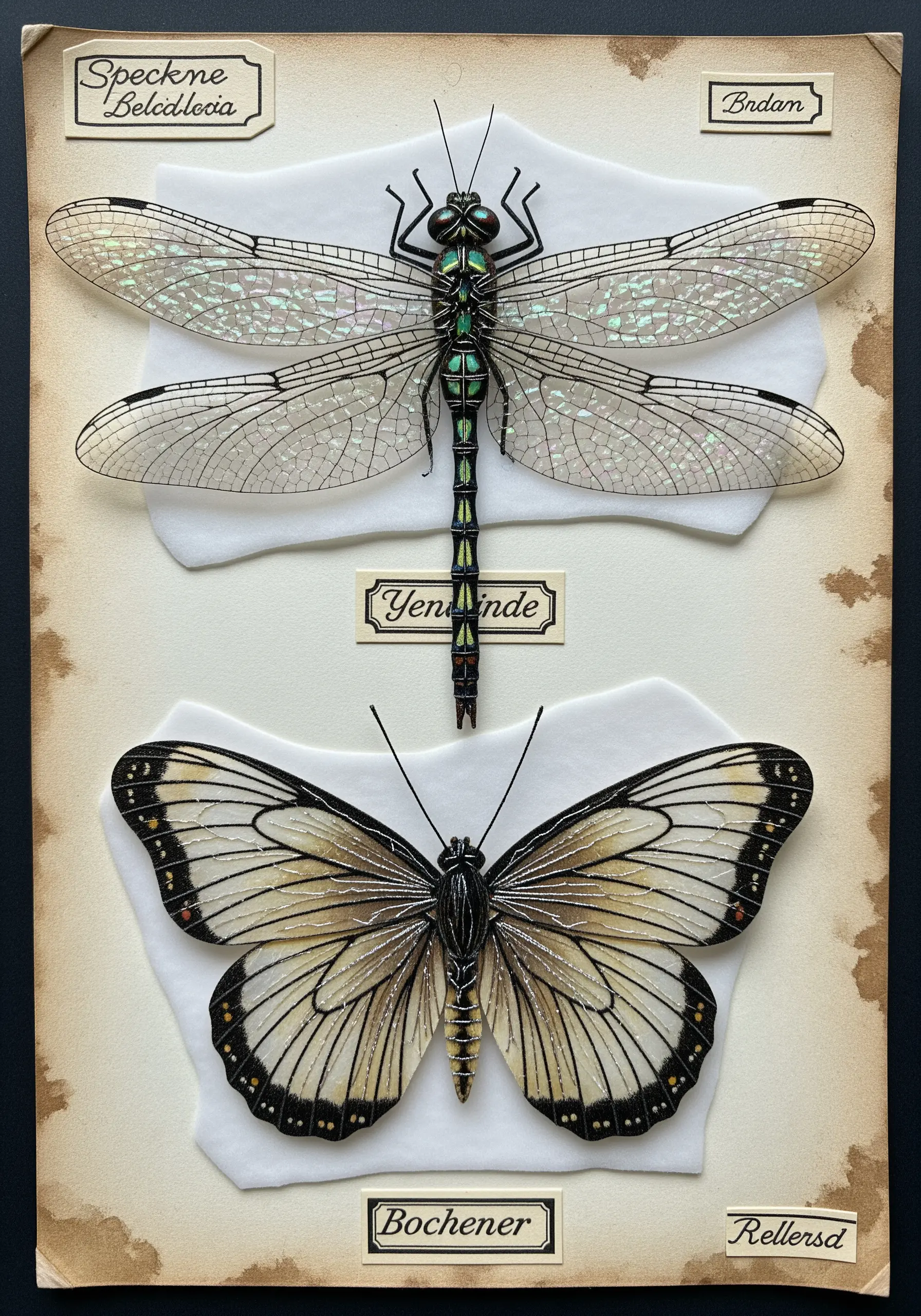 Two realistic insect illustrations mounted like specimens, with iridescent thread stitched on the wings.