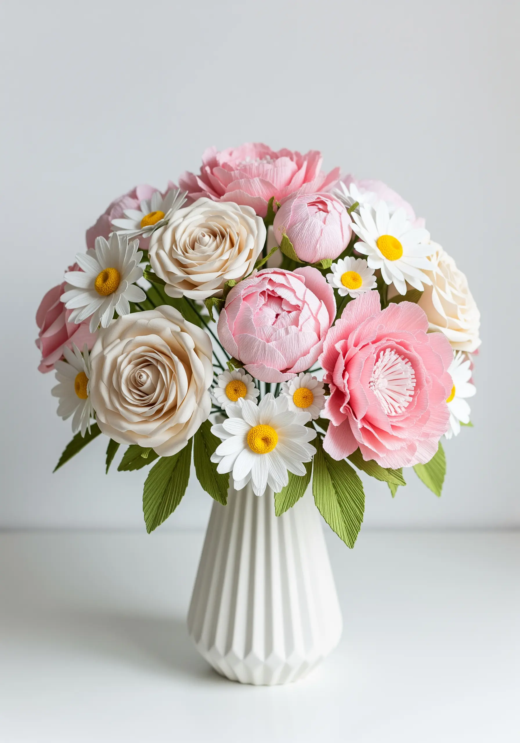 A bouquet of realistic paper flowers, including pink peonies, white roses, and daisies.