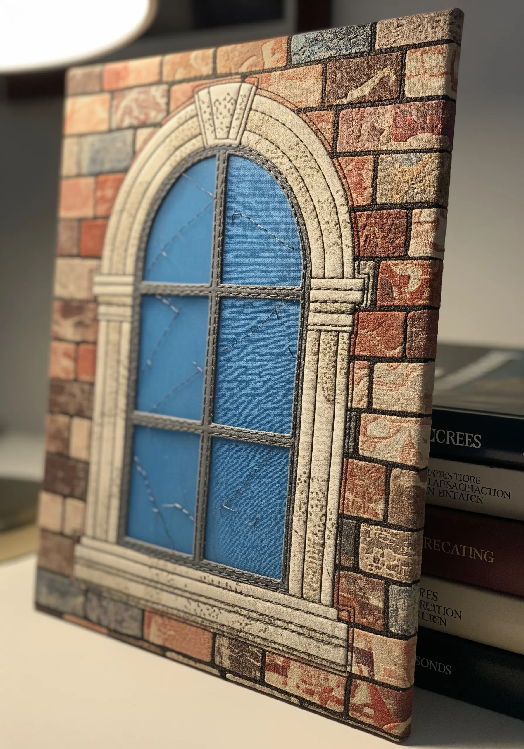 A fabric collage of an arched window set against a printed brick-patterned fabric.