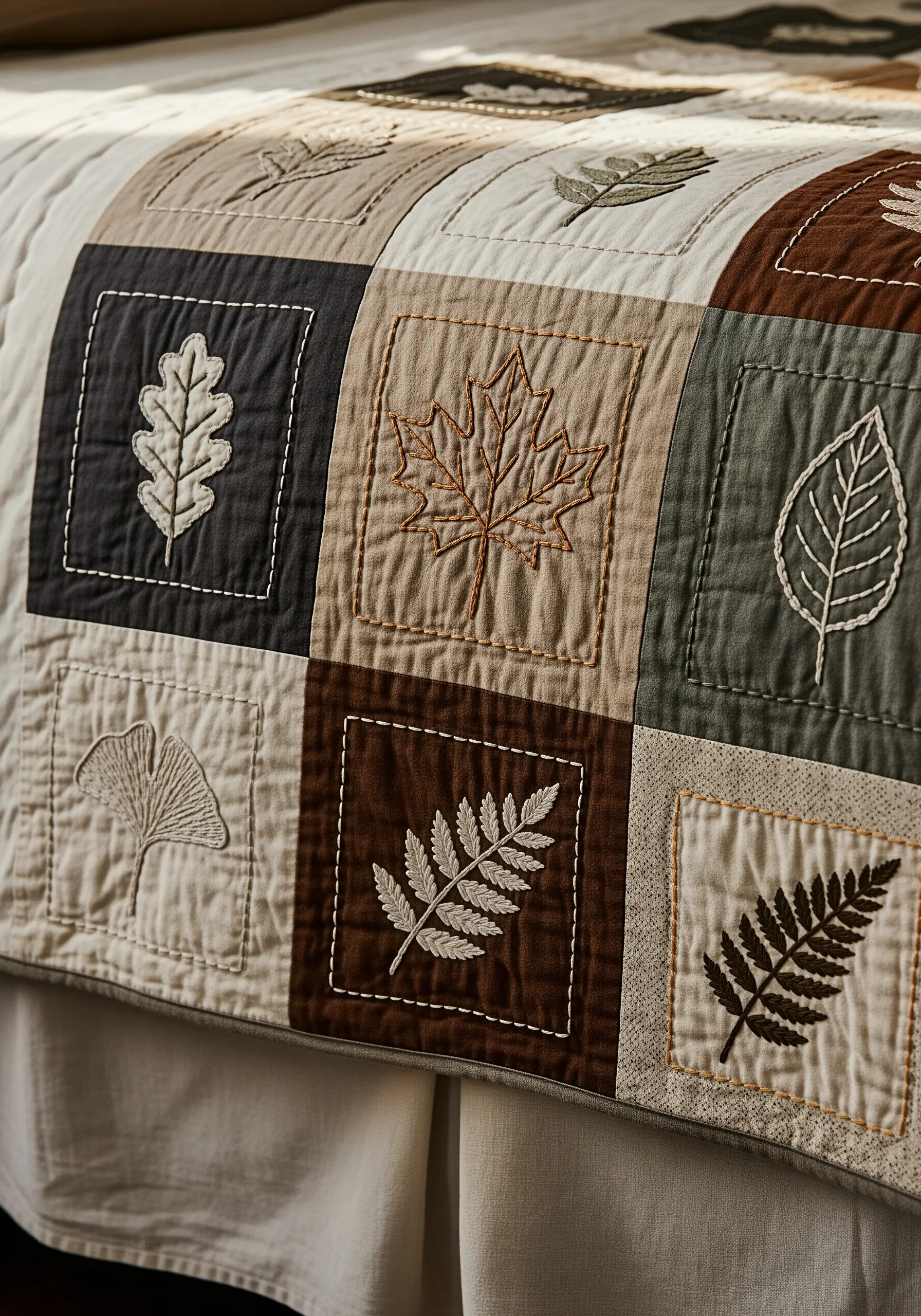 Patchwork quilt with different leaf motifs embroidered in simple line art on each square.