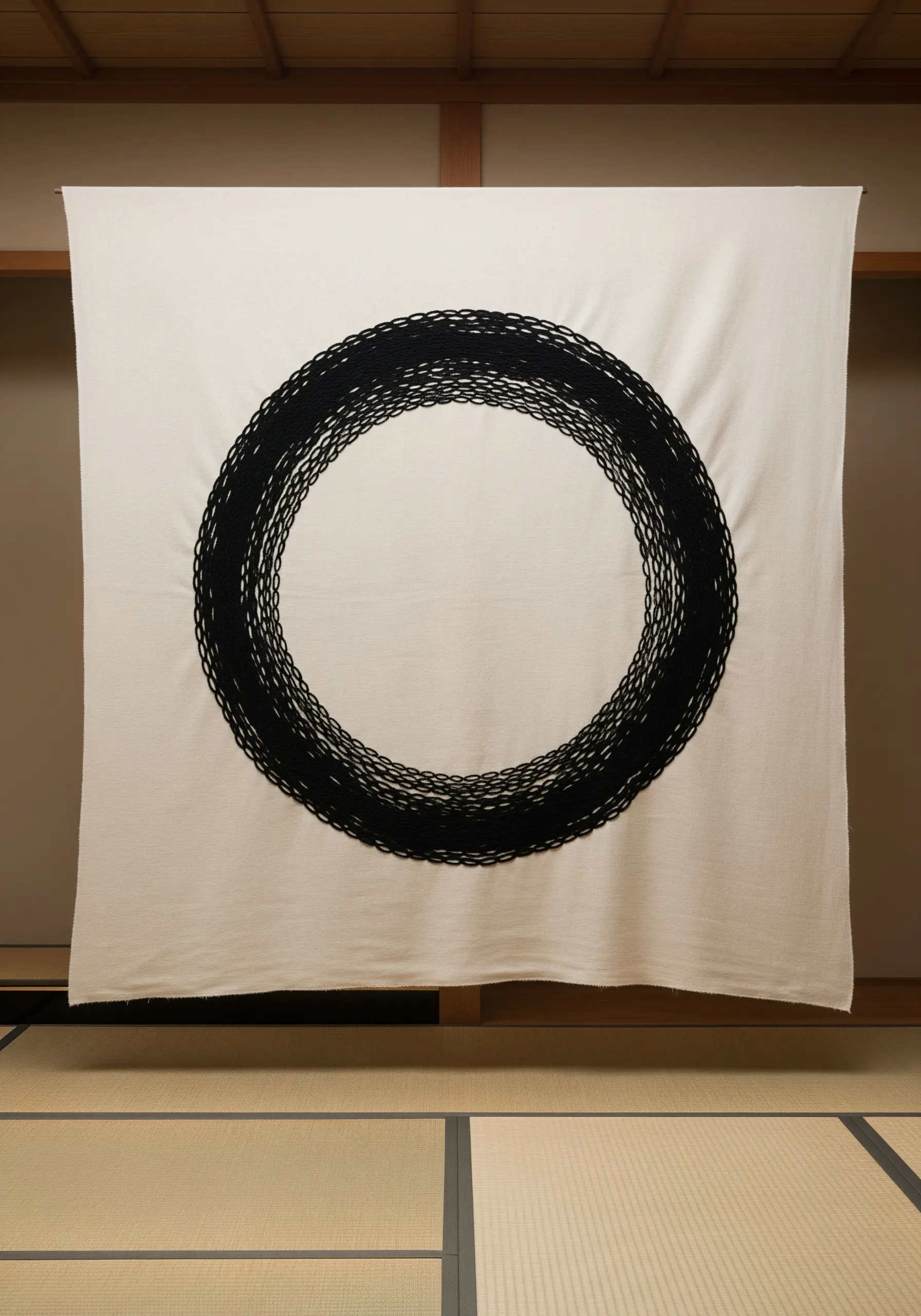 A minimalist black embroidered Ensō (zen circle) on a large white fabric wall hanging.