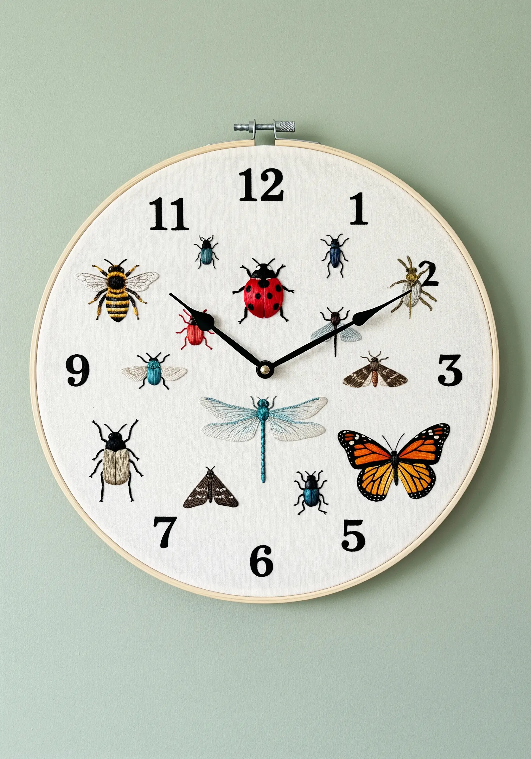 An embroidery hoop clock with intricately stitched insects marking the hours on a white background.