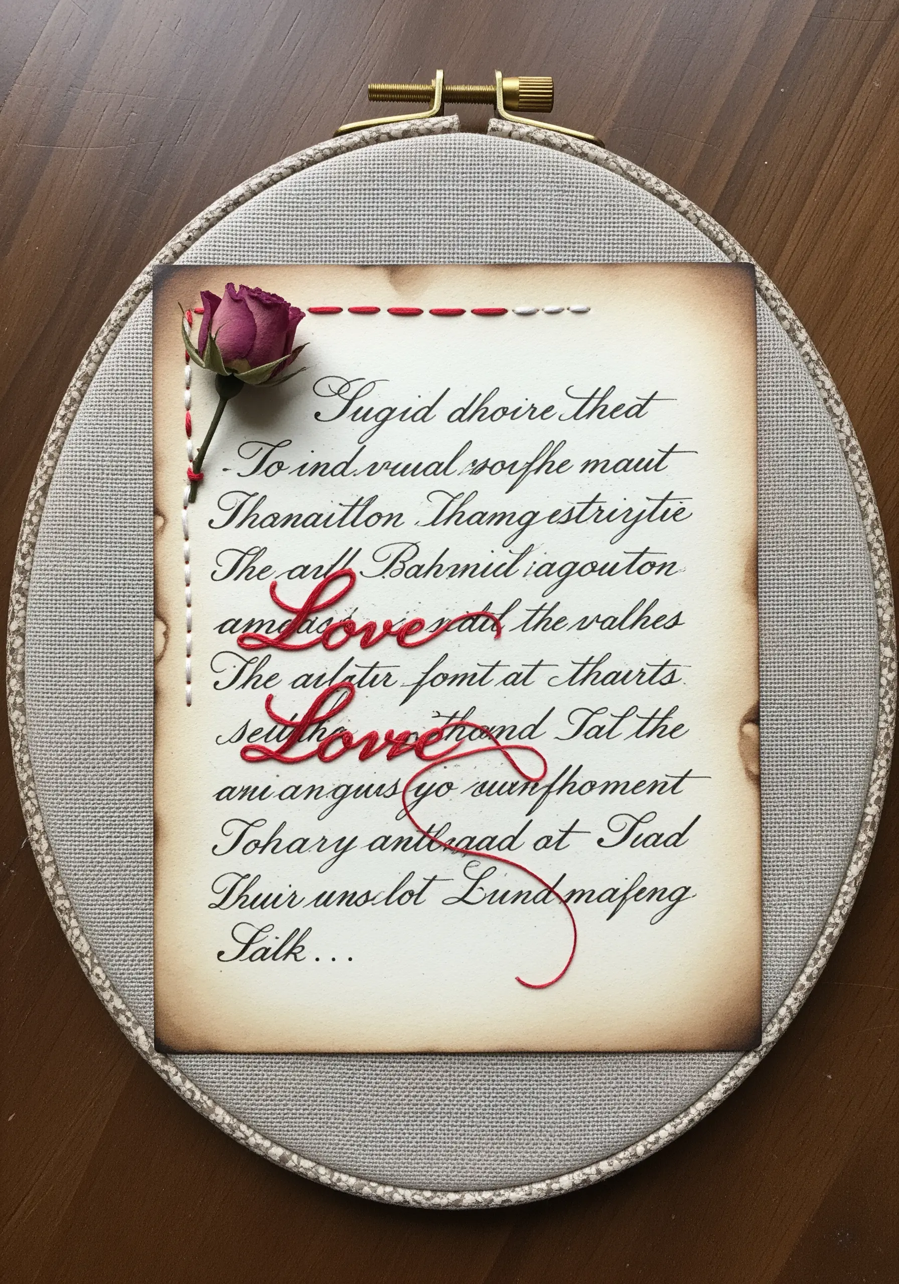 An old letter on aged paper stitched with the word 'Love' in red thread, mounted in a hoop with a rose.