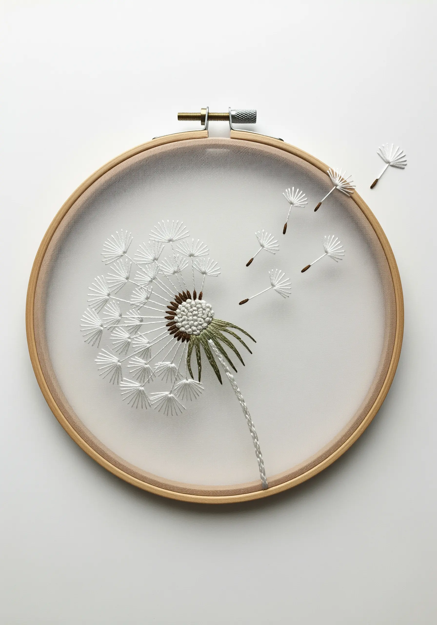 A delicate embroidery of a dandelion blowing seeds, stitched on transparent tulle fabric.