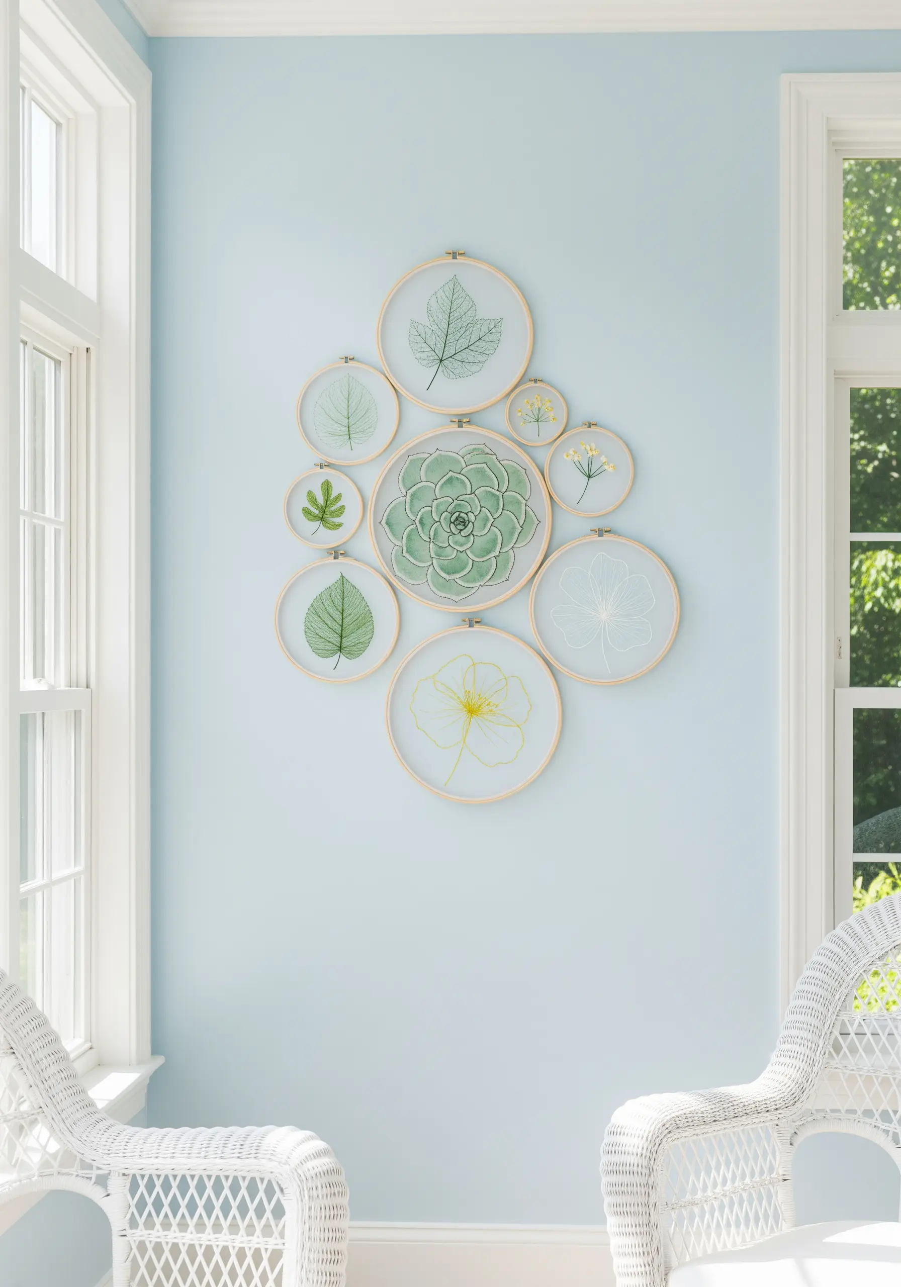 A collection of embroidered leaves and flowers on sheer fabric, creating a floating effect.