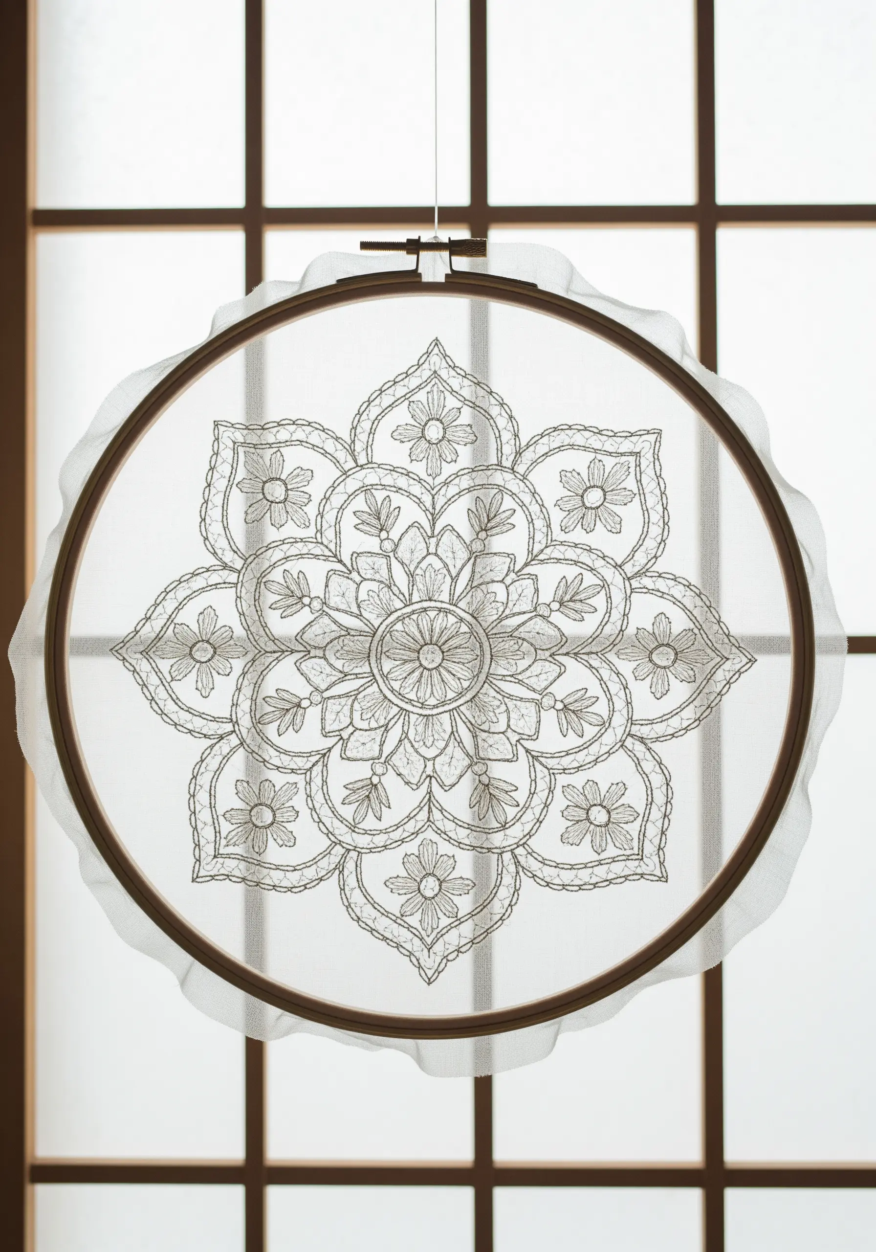 A delicate mandala stitched in gray thread on sheer white organza, framed in a hoop.