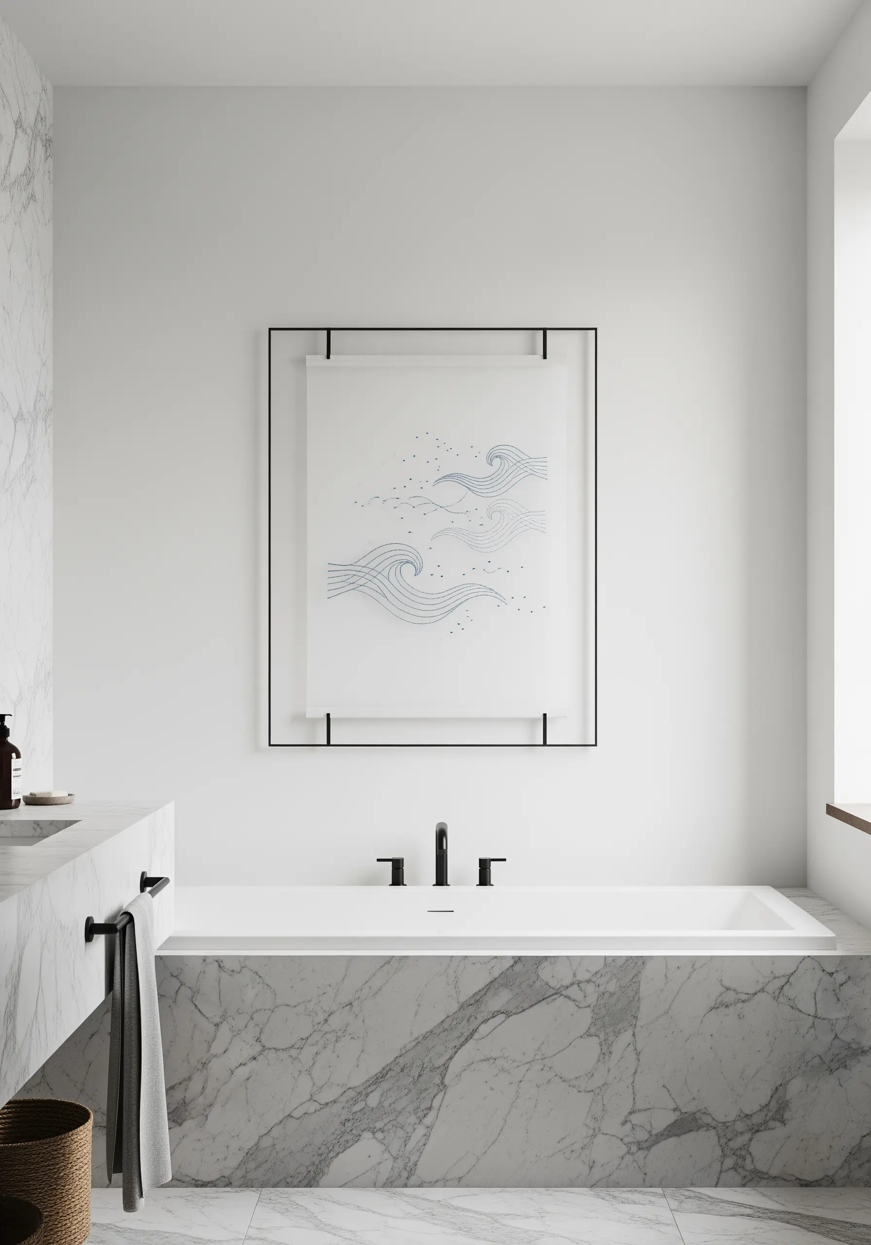 Delicate blue wave embroidery on a sheer white fabric in a modern black frame.