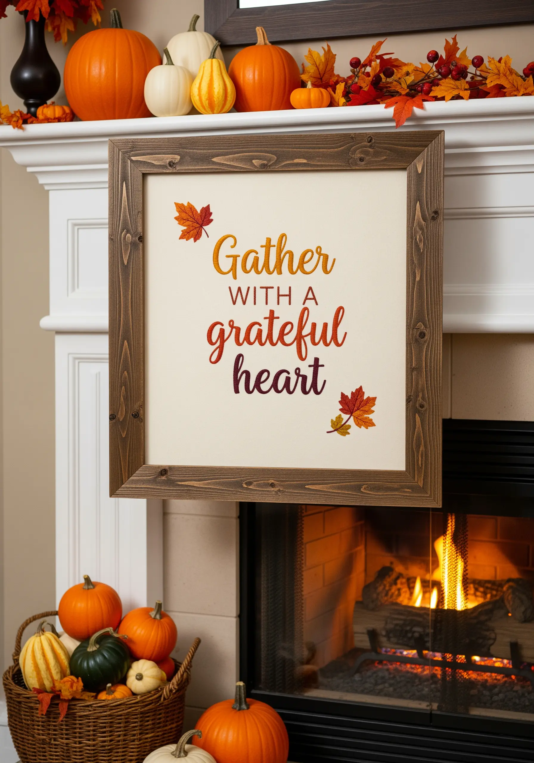 An autumn-themed quote with letters stitched in a warm orange and red gradient.