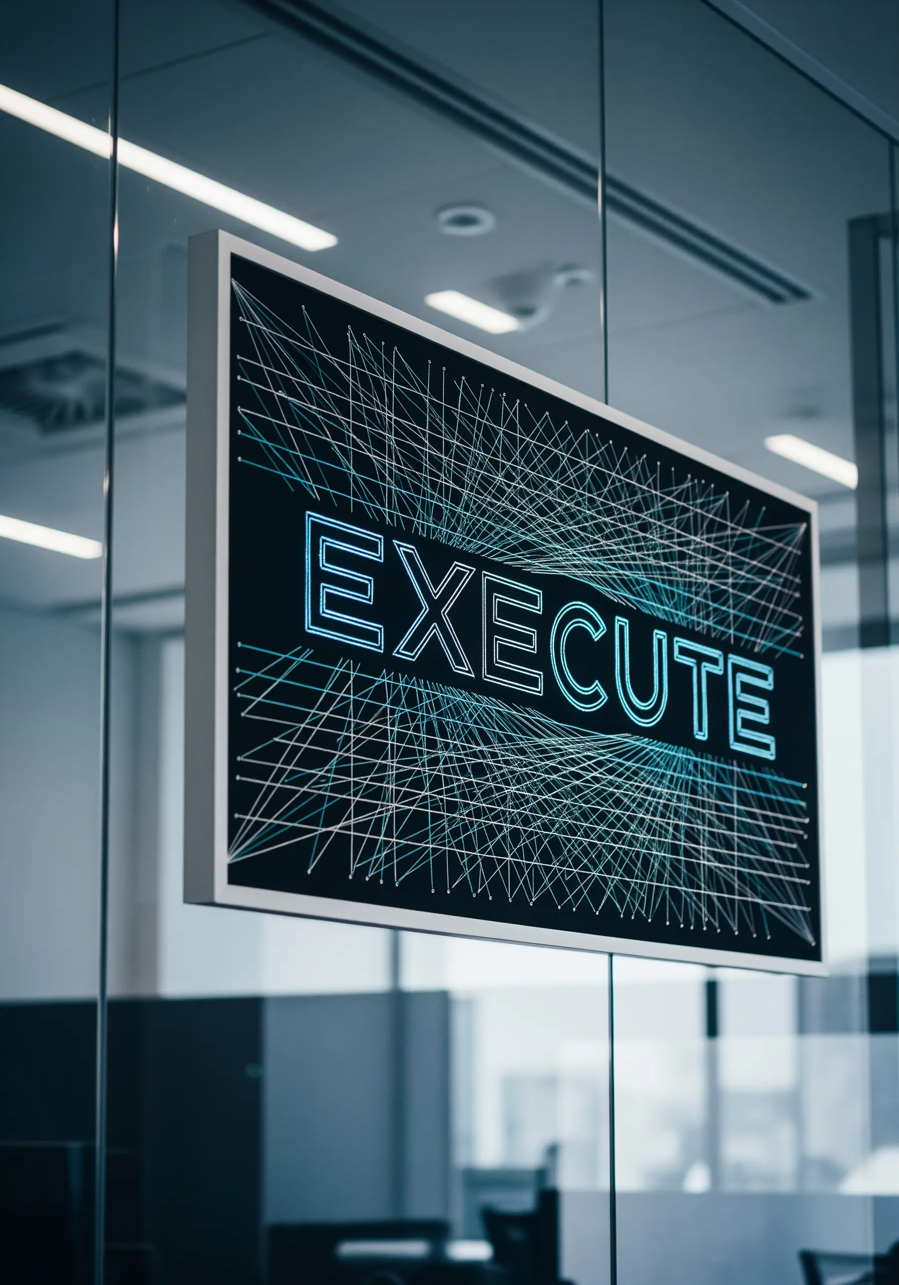 String art sign with 'EXECUTE' in a glowing neon style on a black background.