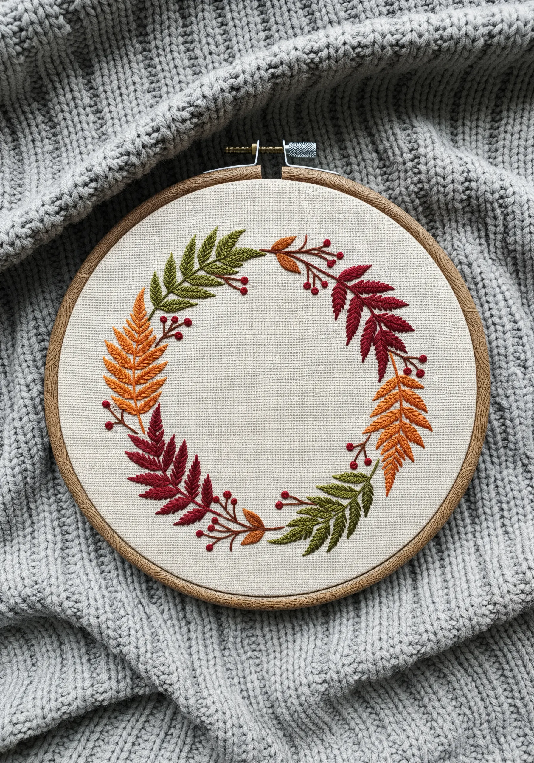 An autumnal wreath with fern leaves and berries embroidered in red, orange, and green.