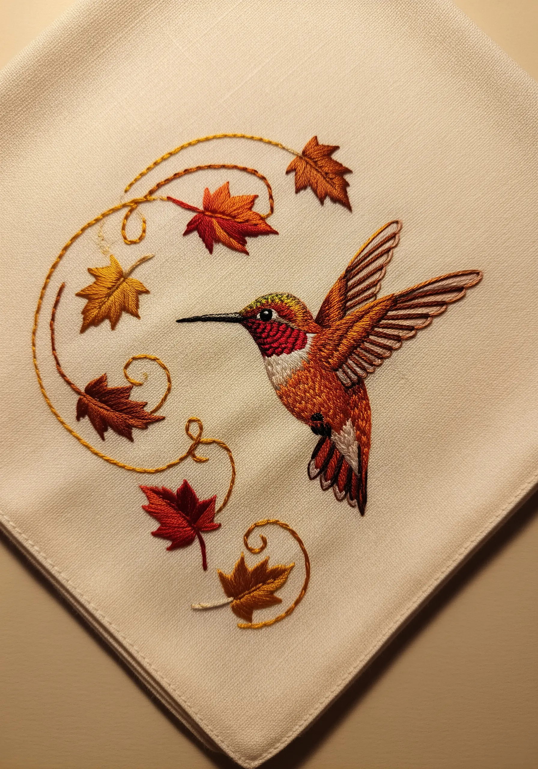 A hummingbird embroidered in autumn colors with swirling maple leaves.