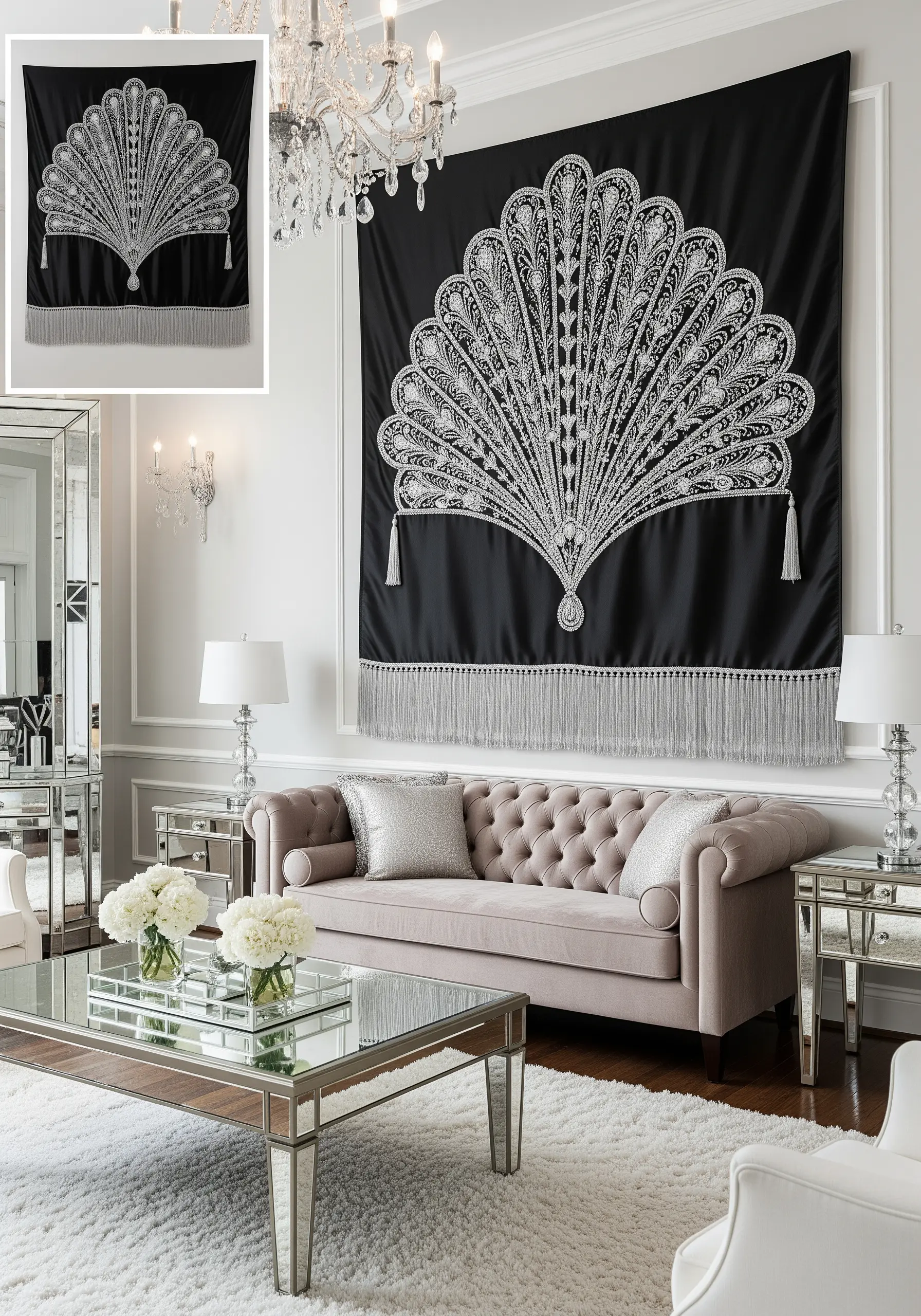 A large black wall hanging with an intricate silver-beaded Art Deco fan design and fringe.