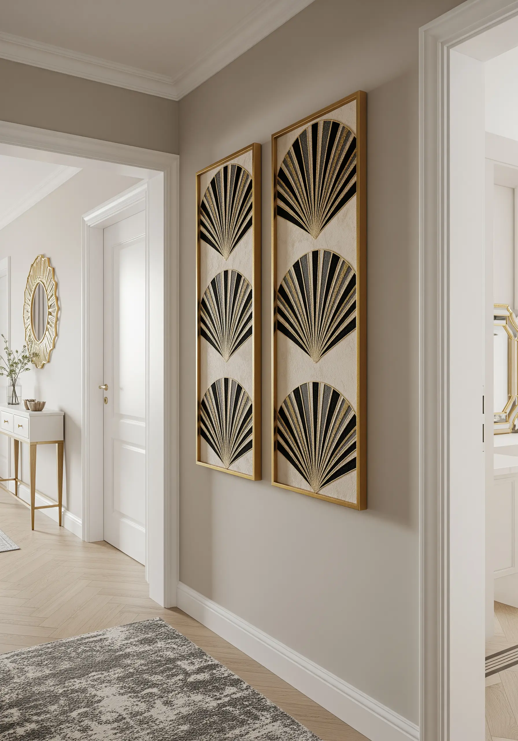 Two tall, framed embroidery panels with black and gold Art Deco fan motifs.