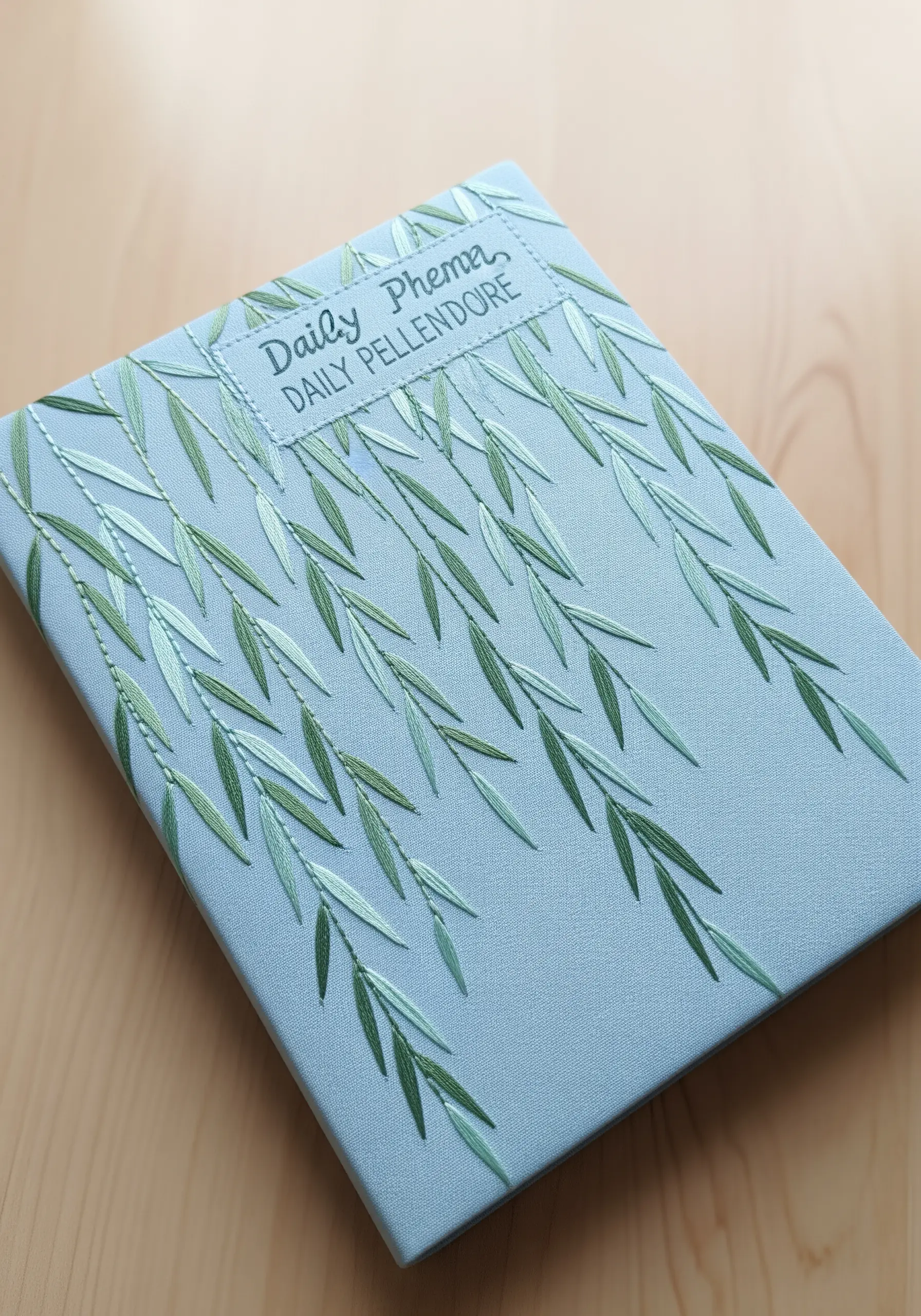Cascading willow leaves in shades of green embroidered on a light blue journal.