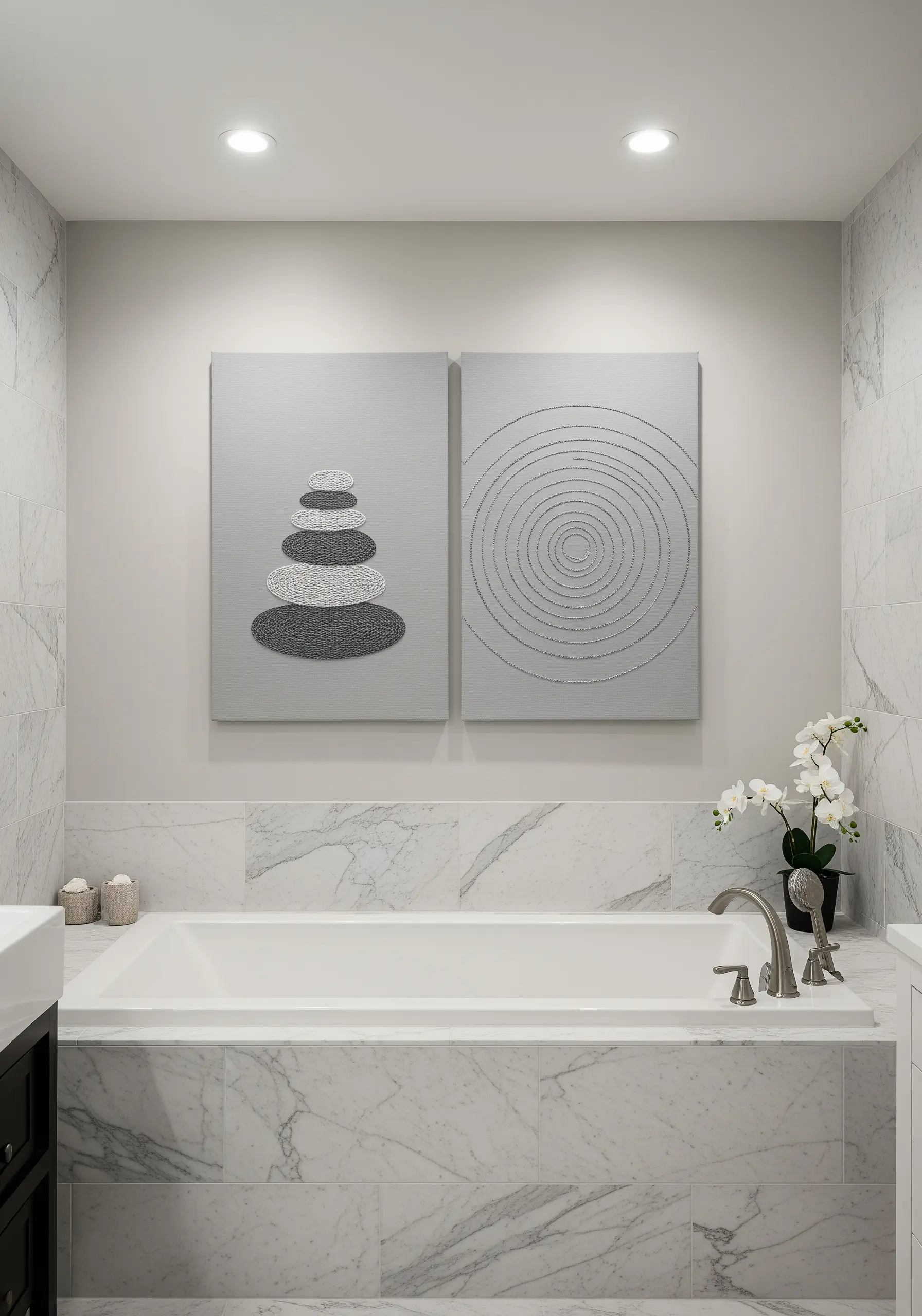 A pair of gray canvases, one with embroidered stacked stones, the other with a spiral.