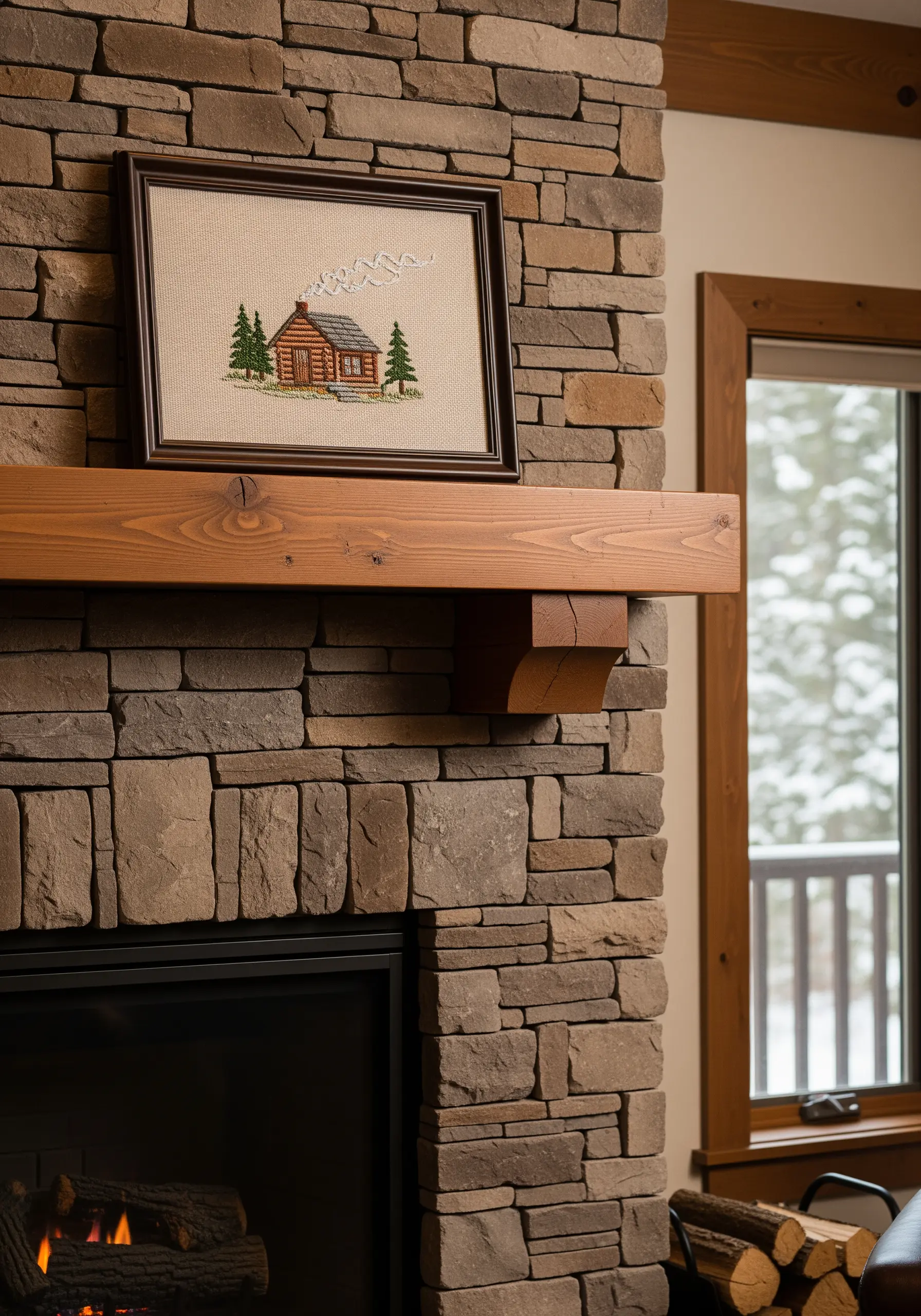 A framed cross-stitch piece of a log cabin resting on a stone fireplace mantel.