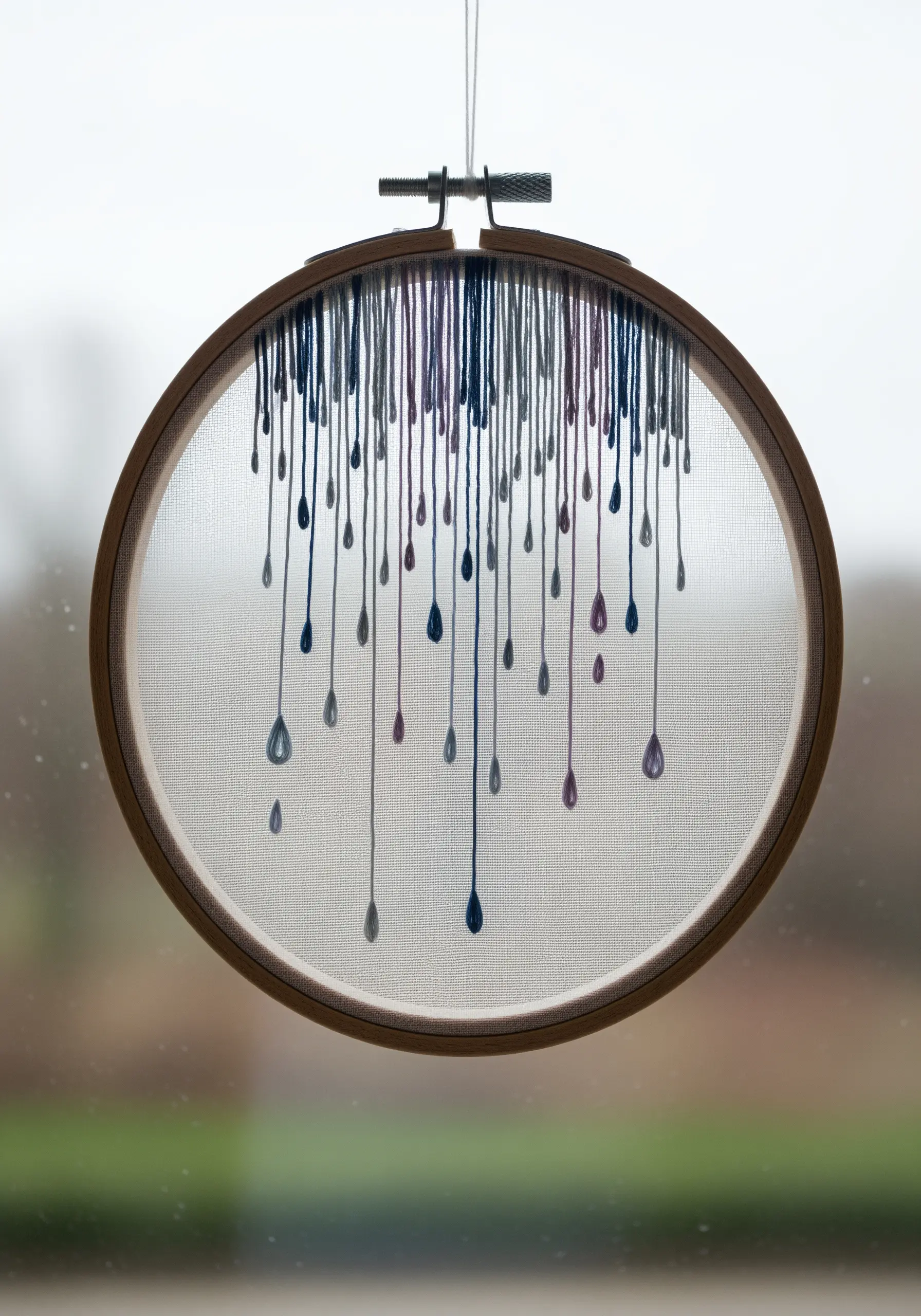 Threads in muted blues and purples hang like raindrops from the top of an embroidery hoop.
