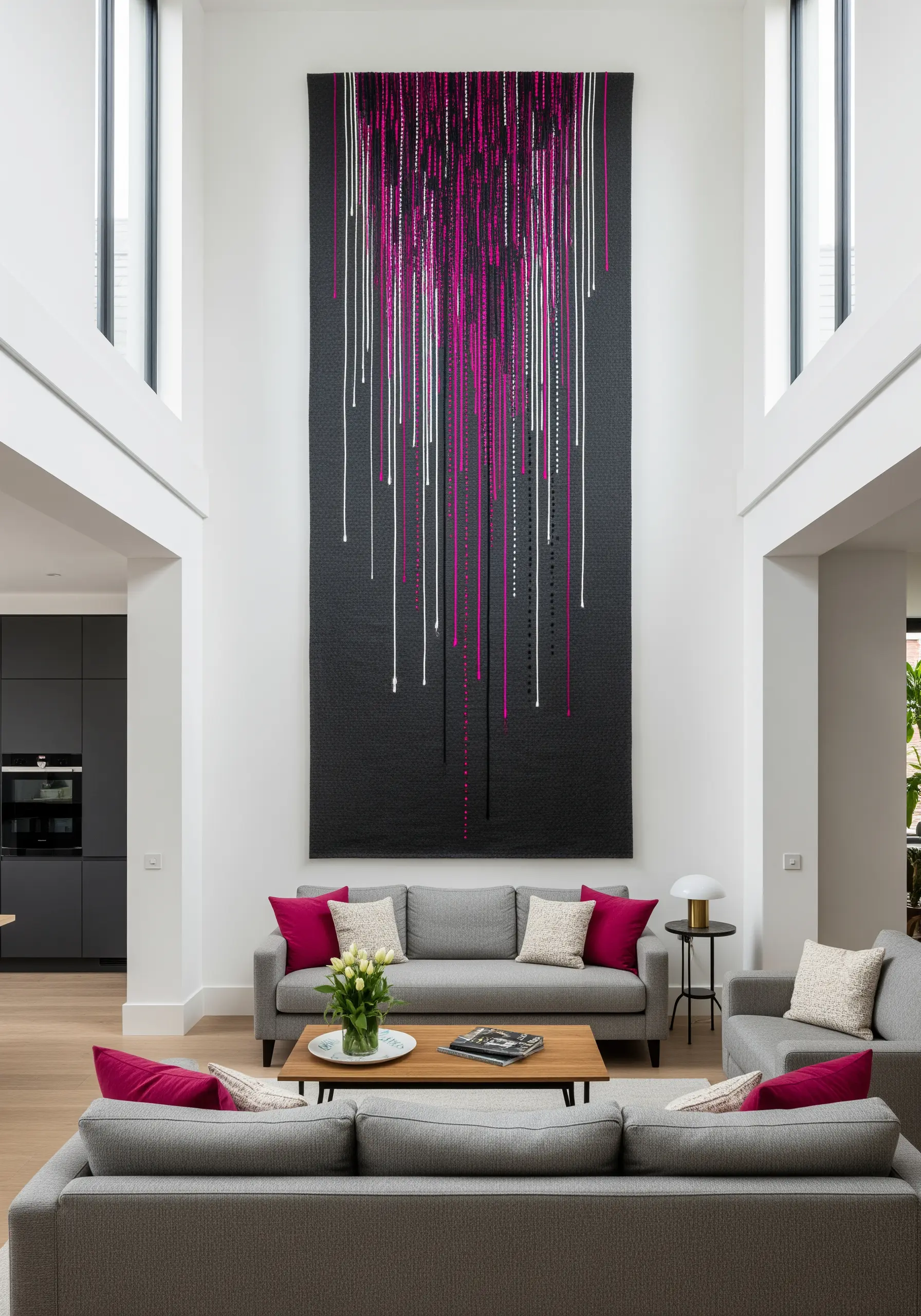 A huge black wall hanging with dripping lines of magenta and white thread.