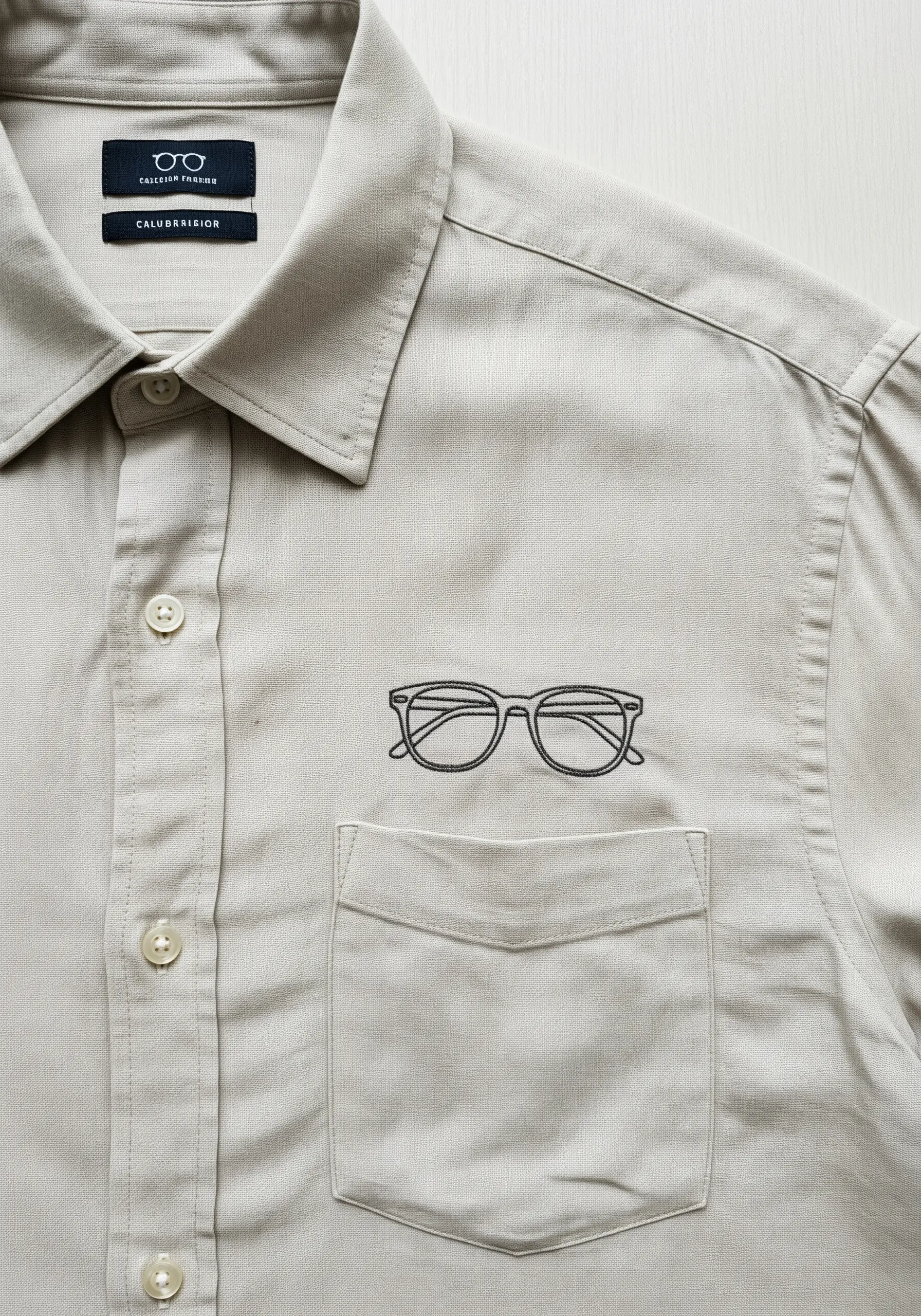 A pair of glasses embroidered in fine black line art above a shirt pocket.