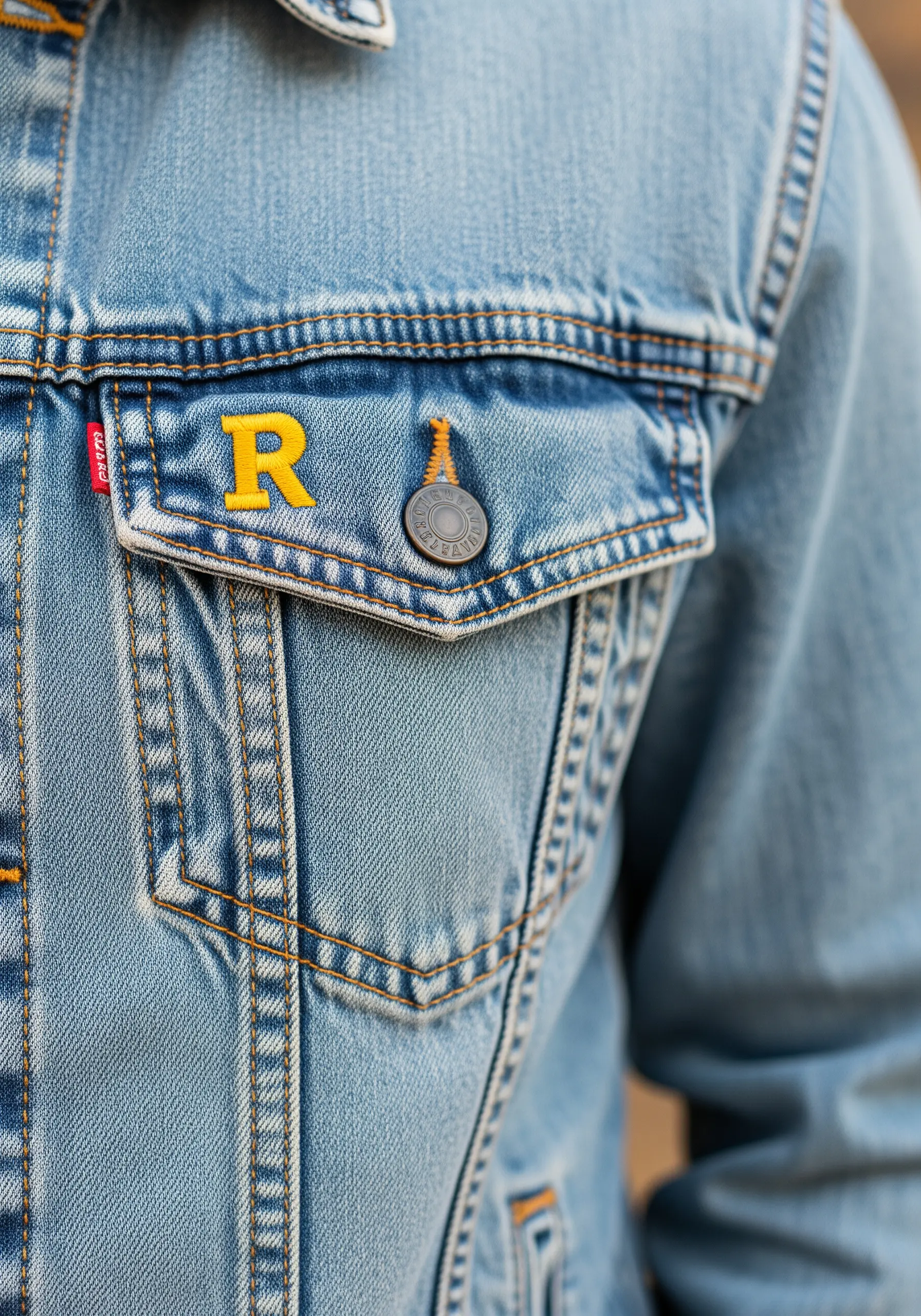 Bold yellow satin stitch initial 'R' on the pocket of a denim jacket.