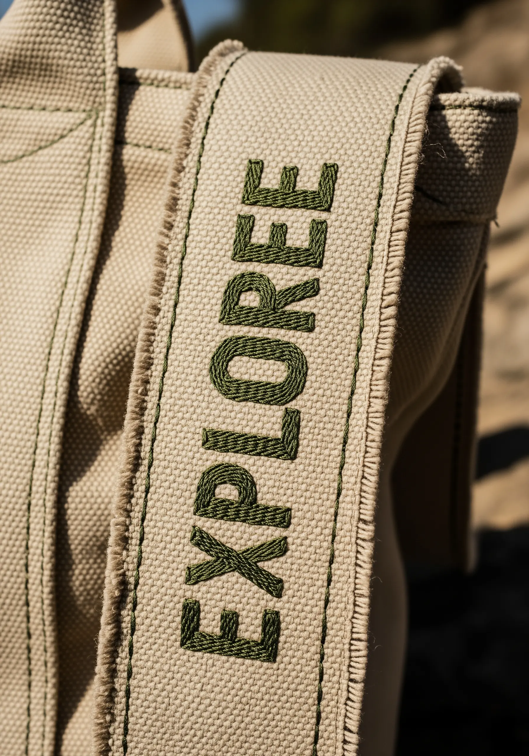 The word 'EXPLORE' embroidered in olive green block letters on a canvas tote bag strap.