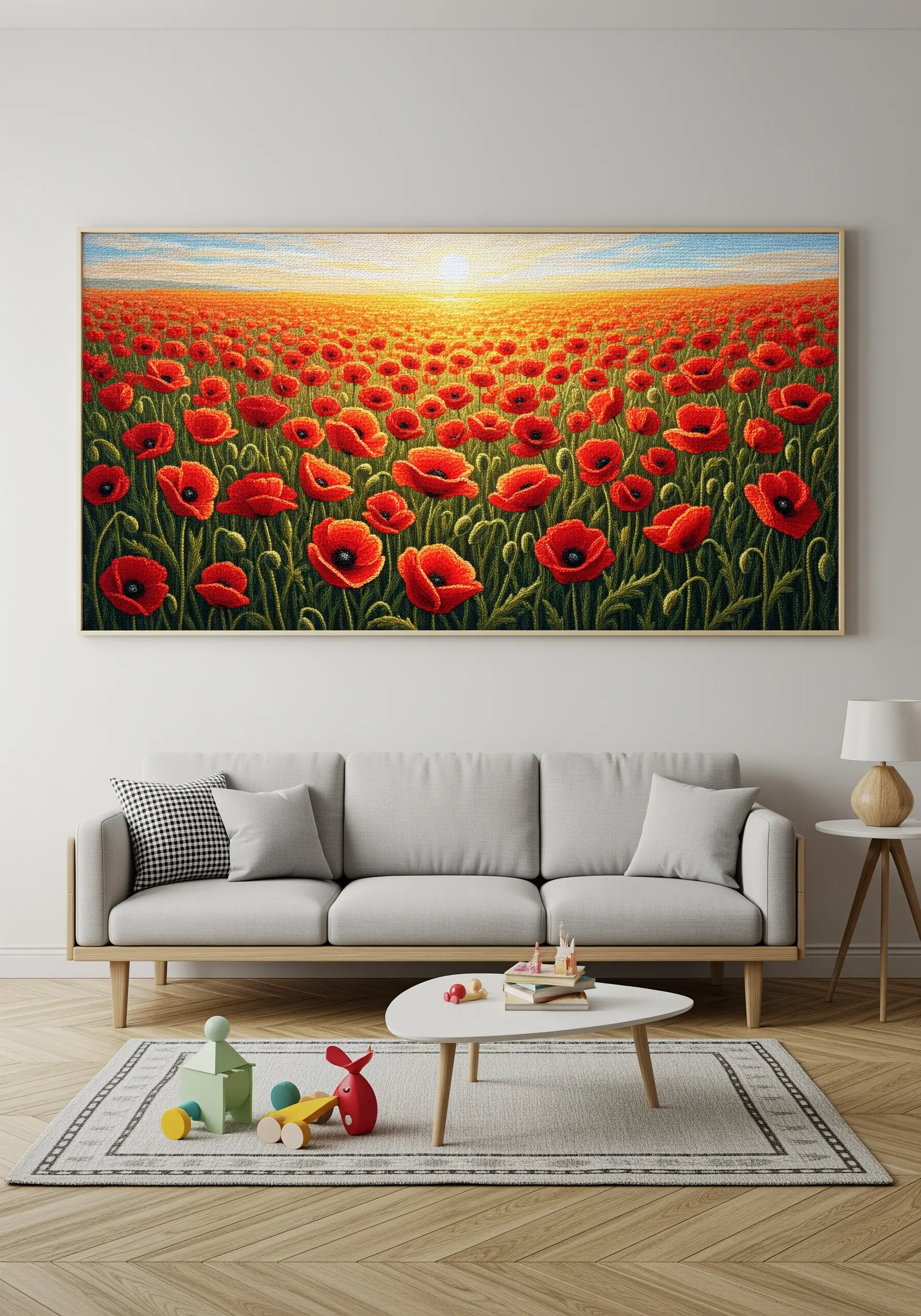 A large panoramic embroidery of a vibrant red poppy field at sunset.