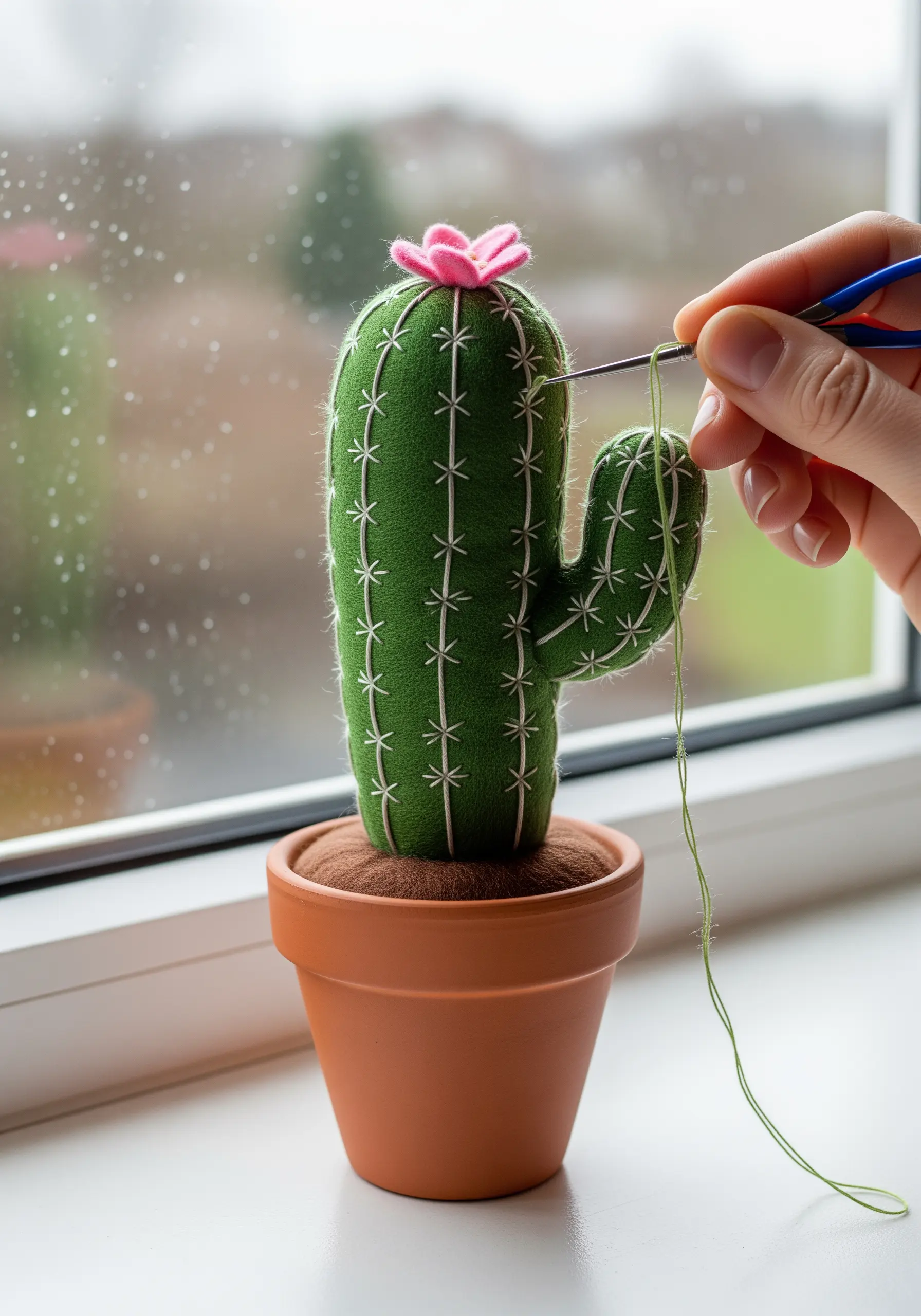 A hand-stitched, 3D felt cactus being embroidered with white thread to create spine details.