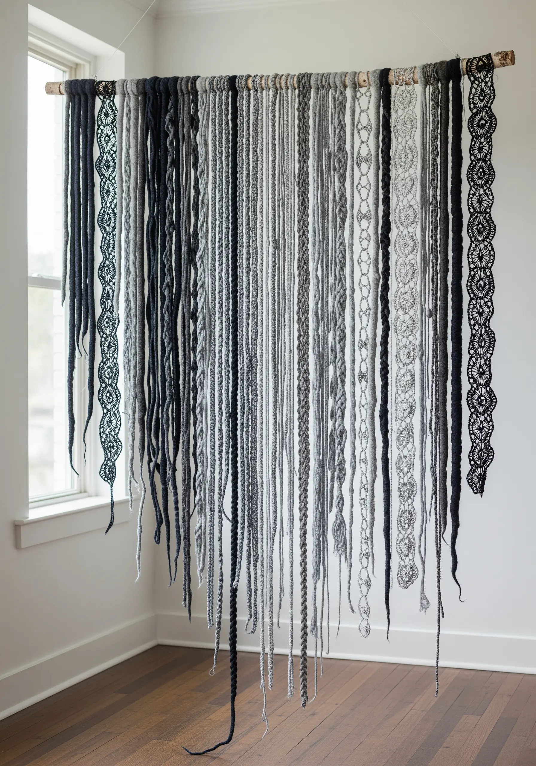 Hanging fiber art installation with various grey and black textured yarns and lace.