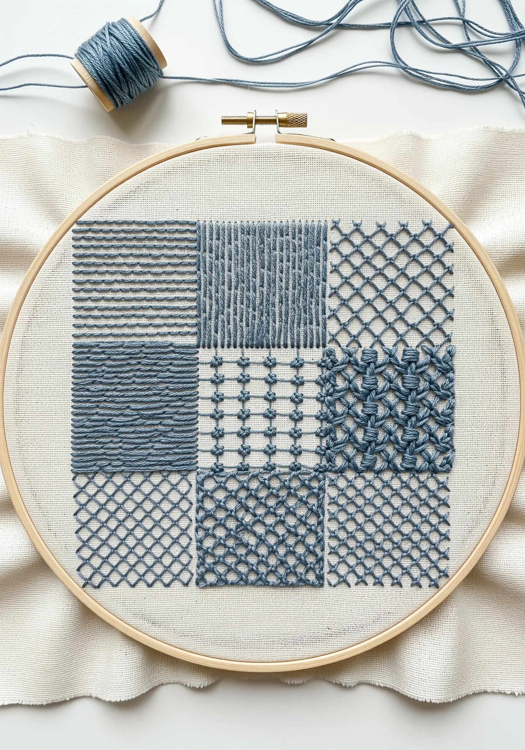 A stitch sampler in a hoop, showing nine different embroidery techniques in dusty blue thread.
