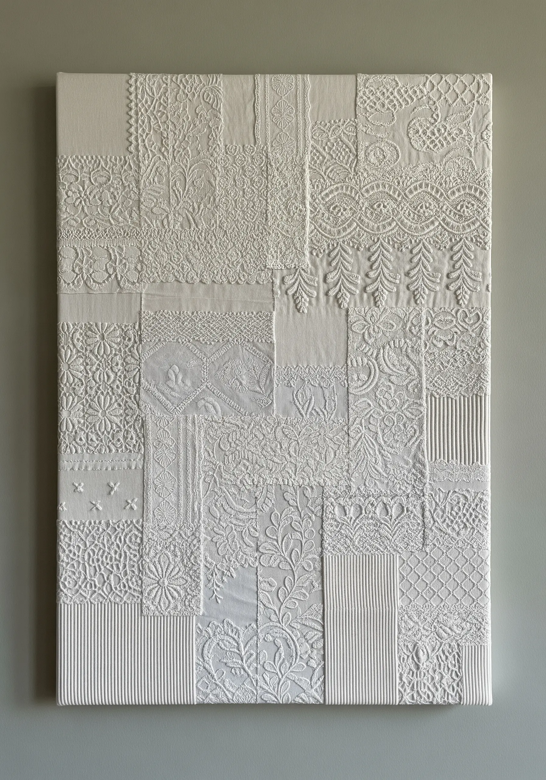 A monochromatic white patchwork canvas using different textured fabrics like lace and ribbed cotton.
